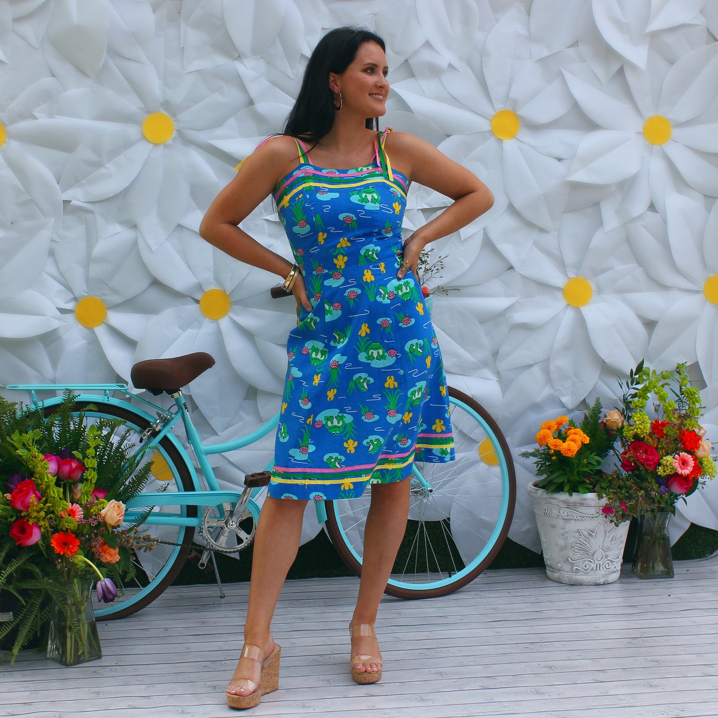 Vintage 70s Novelty Frog Lilly Pads Sun Dress XS
