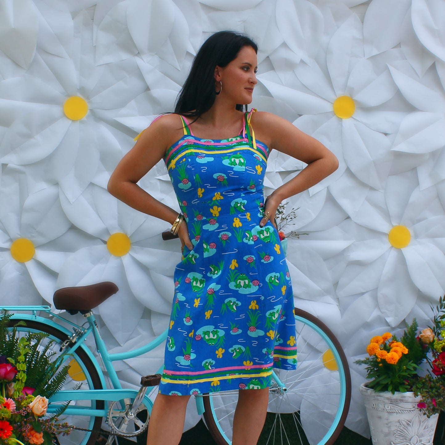 Vintage 70s Novelty Frog Lilly Pads Sun Dress XS