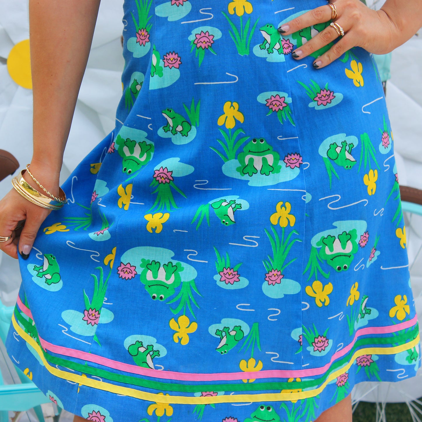 Vintage 70s Novelty Frog Lilly Pads Sun Dress XS