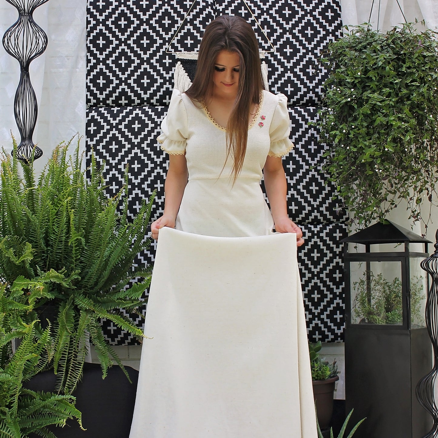 70's Ribbed Crochet Lace Cream Hippie Maxi Dress M