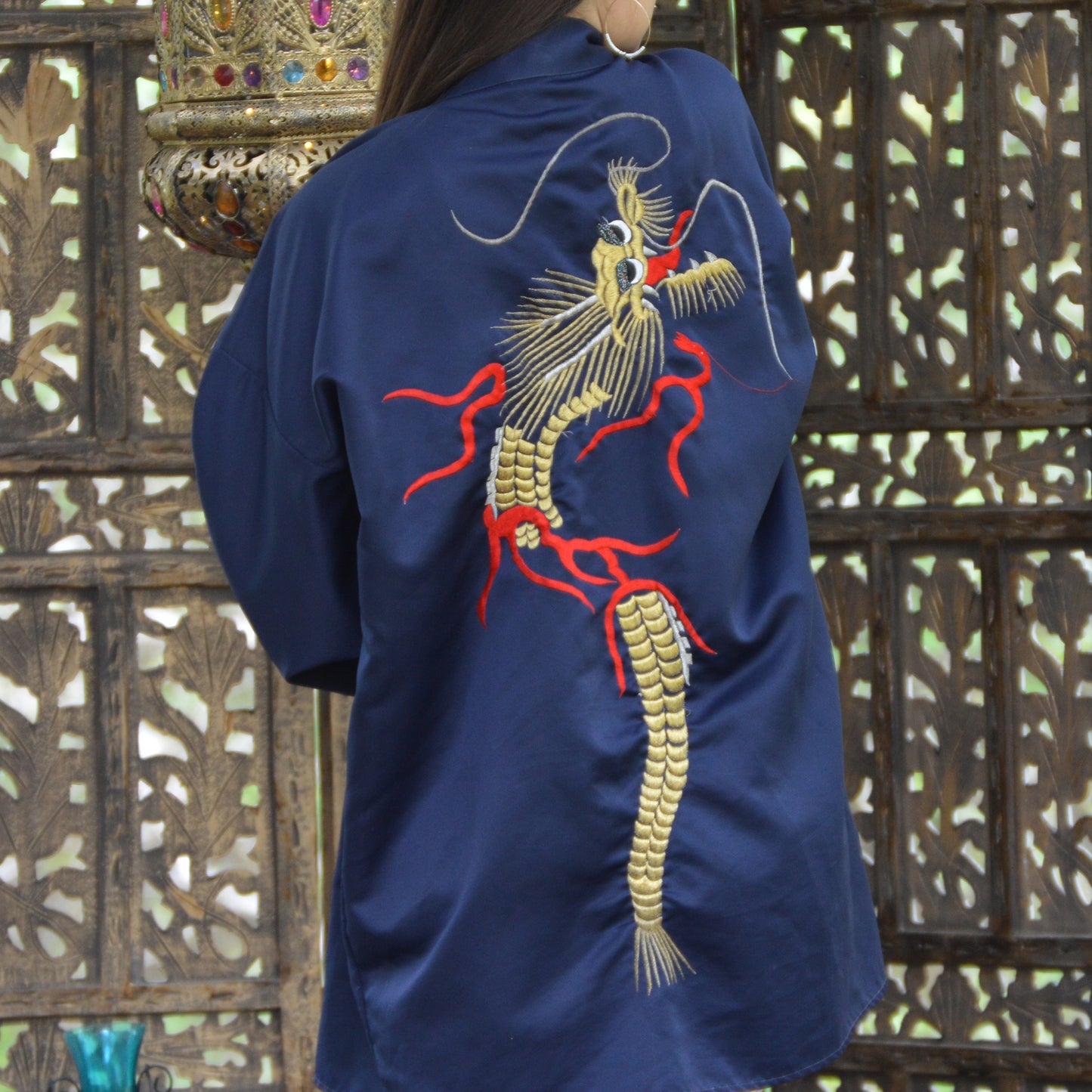 Vintage 70's Embroidered Dragon Kimono Duster Robe Jacket XXL