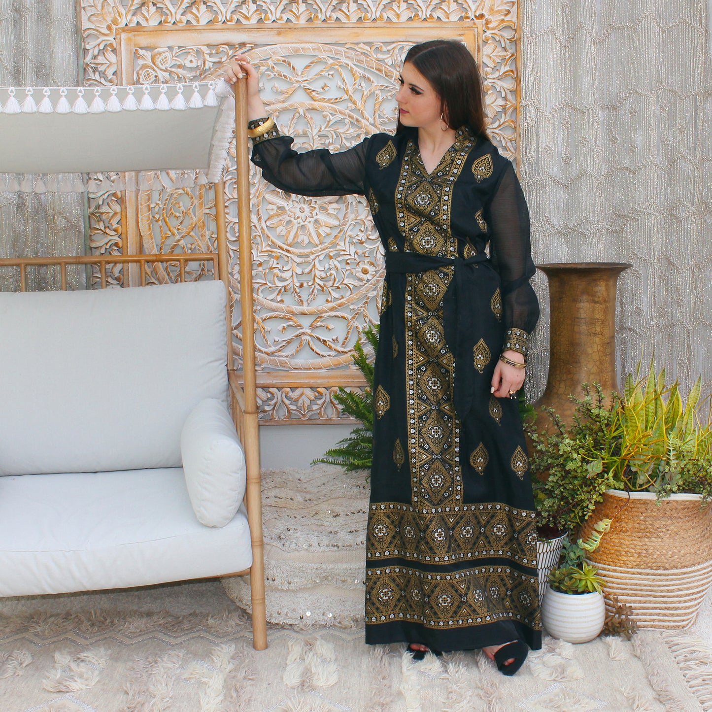 Vintage 70s Incredible Alfred Shaheen Gold Print Evening Maxi Dress M