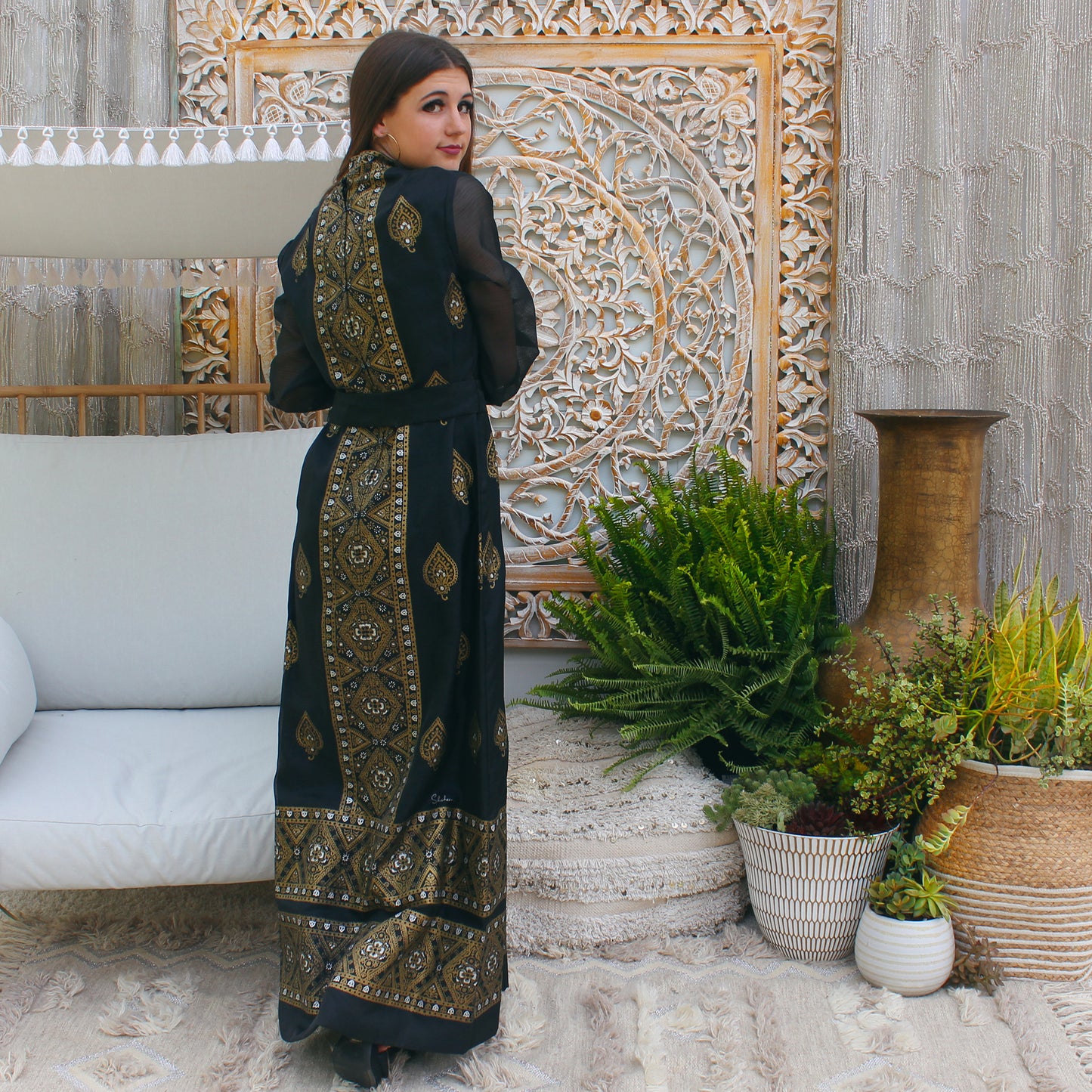 Vintage 70s Incredible Alfred Shaheen Gold Print Evening Maxi Dress M