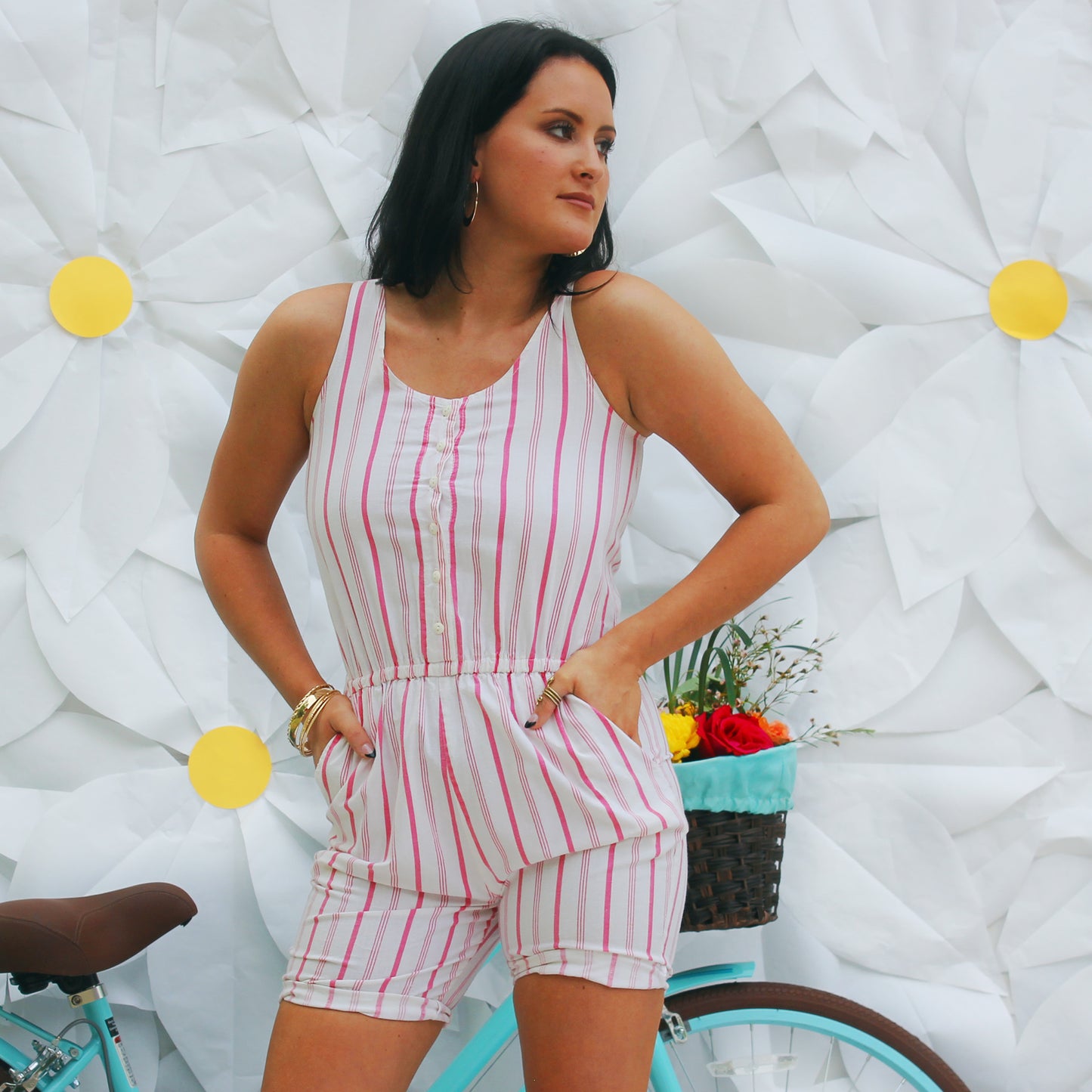 Vintage 70s 80s Pink White Stripe Romper Jumpsuit M