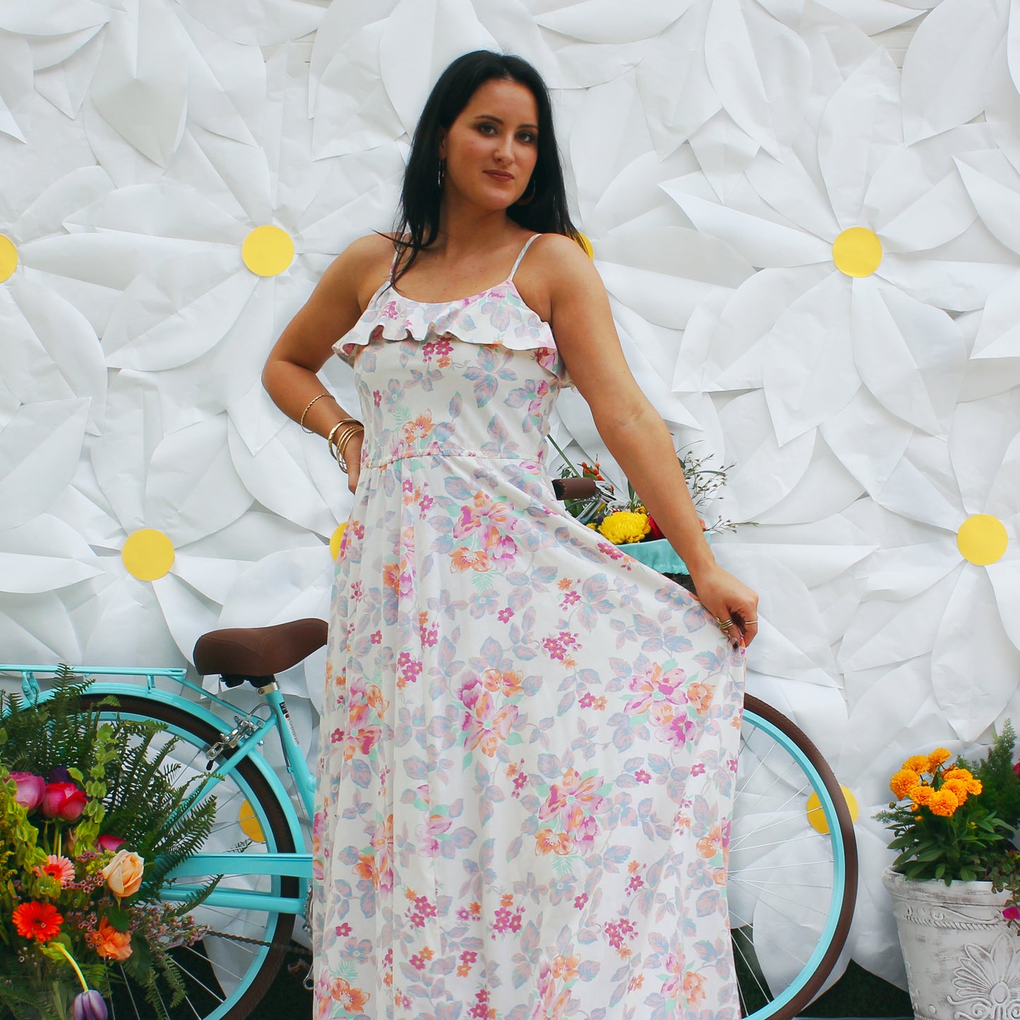 Vintage 70s Cottage Pastel Floral Ruffle Maxi Dress M