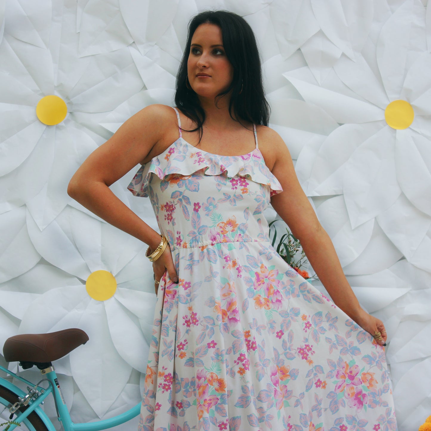Vintage 70s Cottage Pastel Floral Ruffle Maxi Dress M