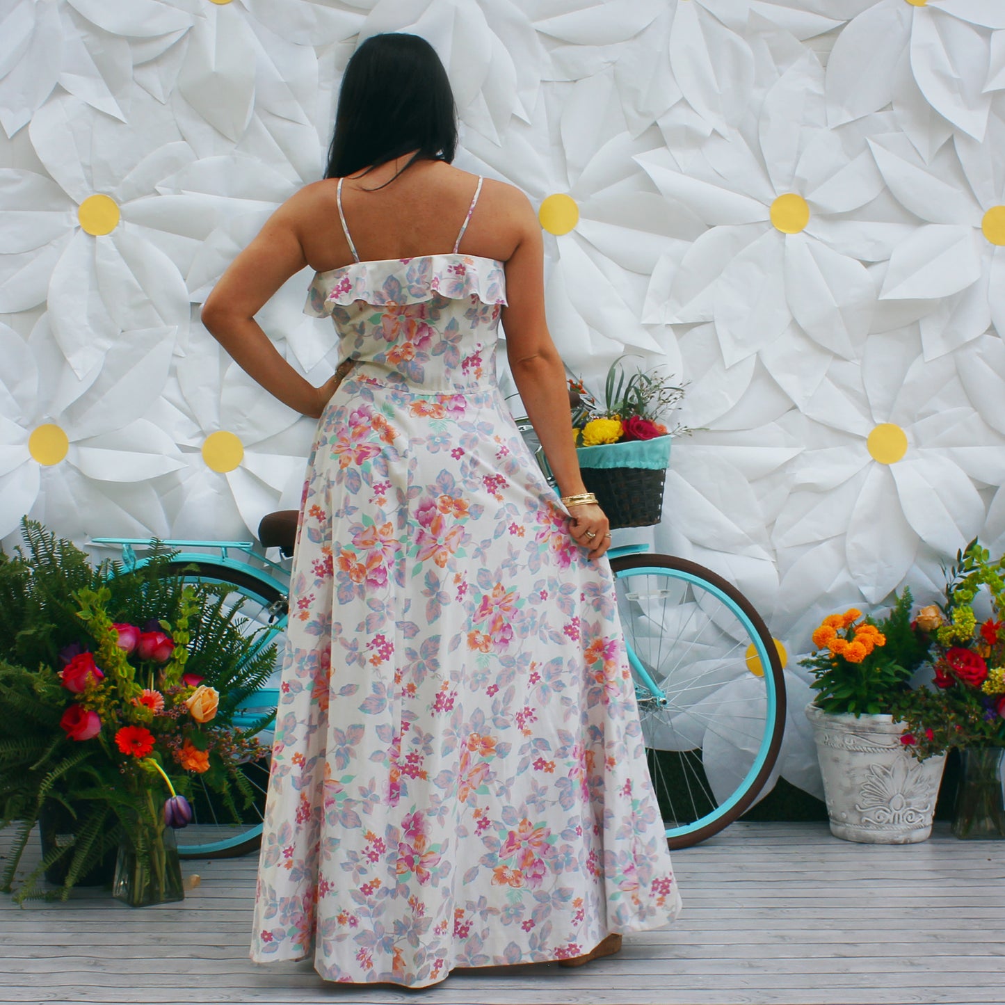 Vintage 70s Cottage Pastel Floral Ruffle Maxi Dress M