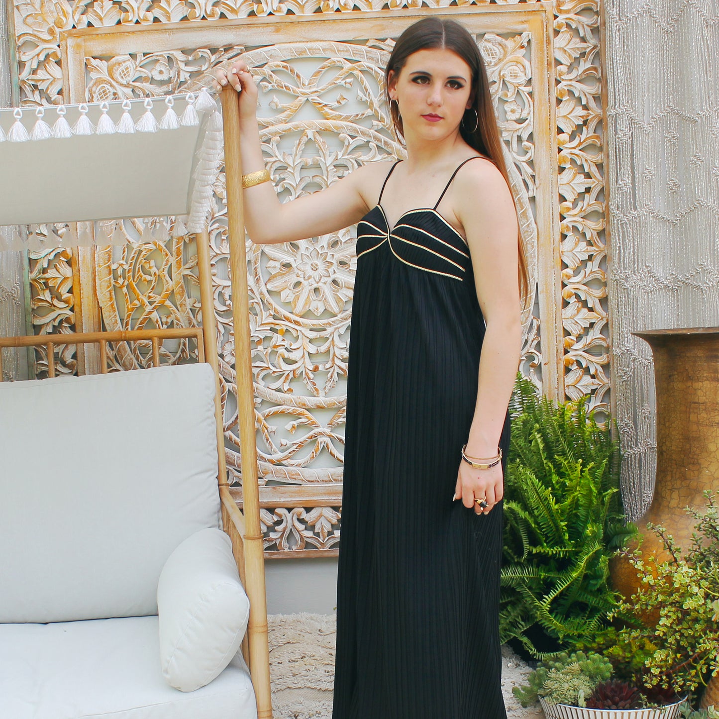 Vintage 70s Bill Tice Empire Smocked Gold Metallic Maxi Evening Dress L/XL