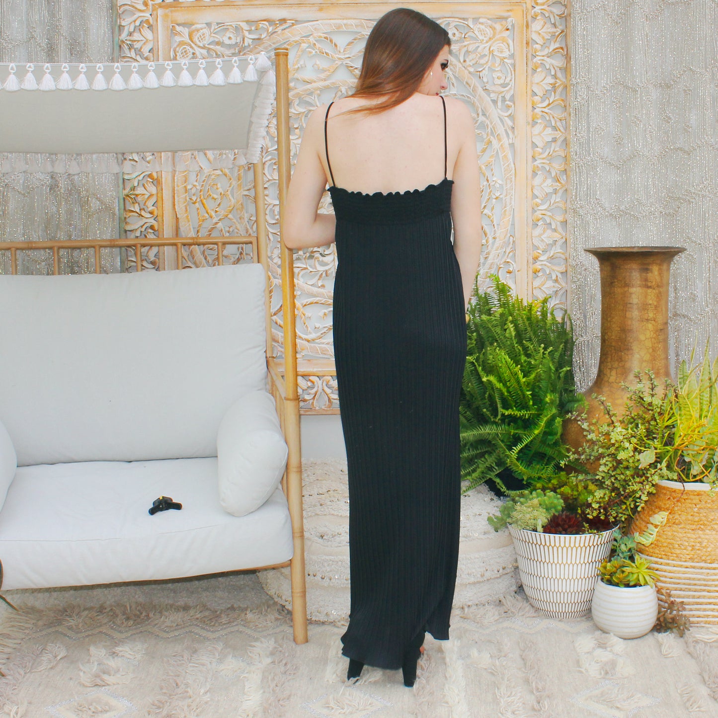 Vintage 70s Bill Tice Empire Smocked Gold Metallic Maxi Evening Dress L/XL