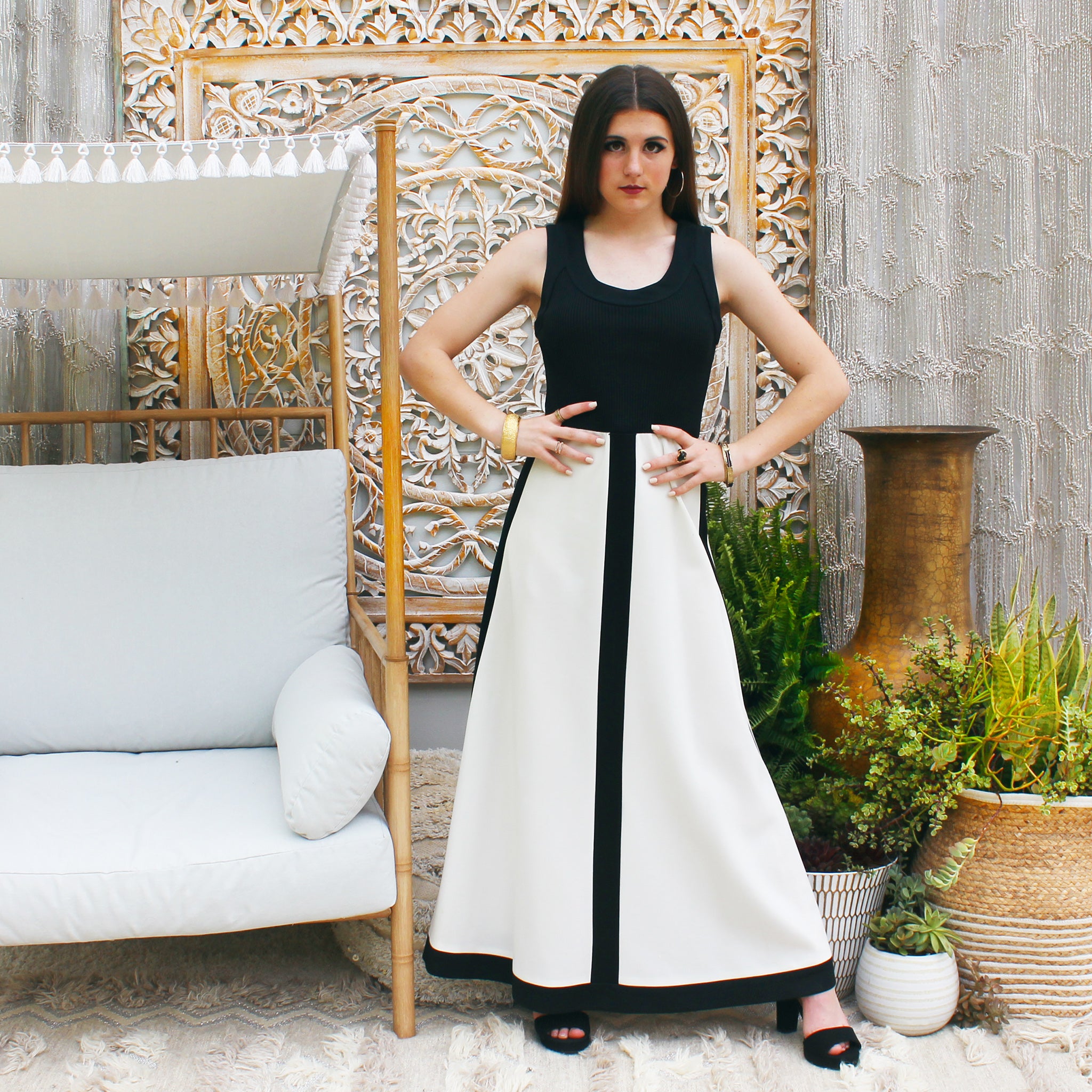 Vintage 70s Color Ribbed Black White Block Maxi Dress S/M –  rollwithitvintage