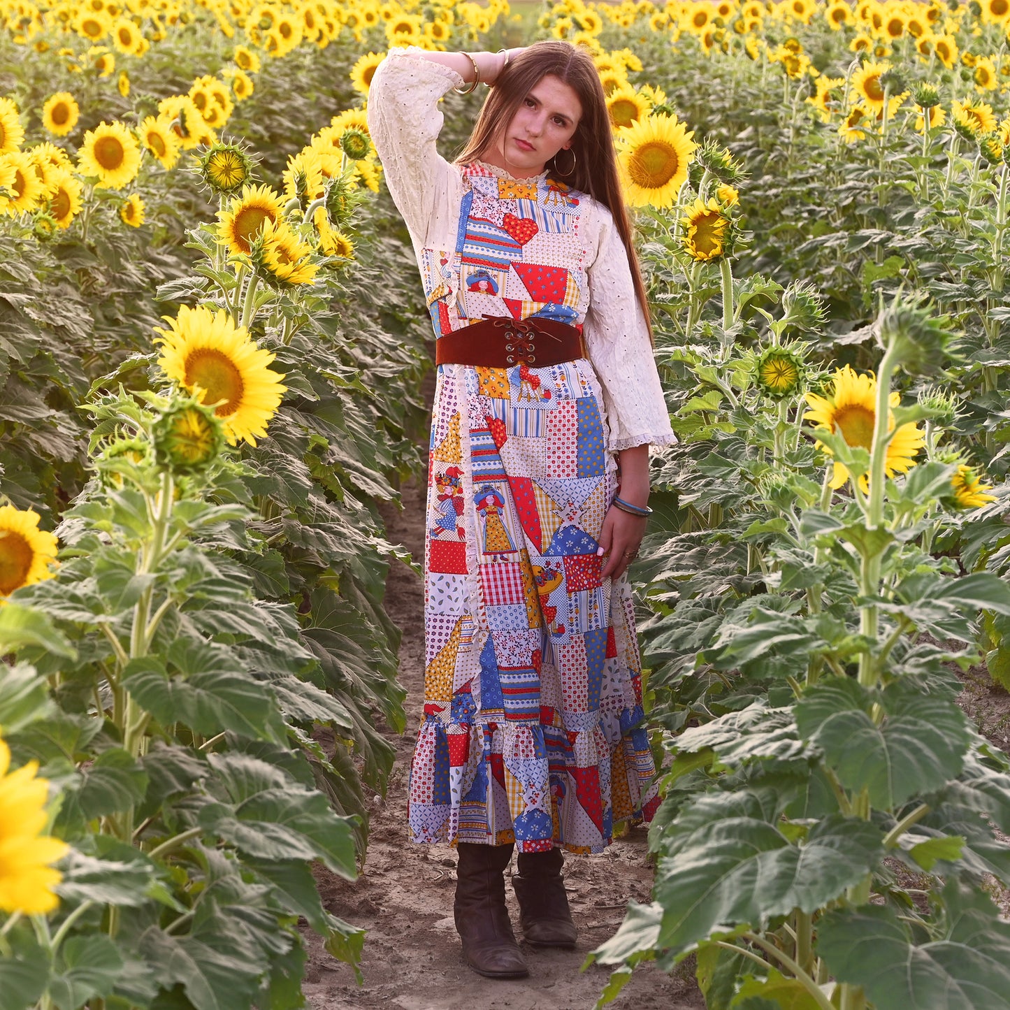 Vintage 60s Hollie Hobbie Patchwork Eyelet Midi Dress XS