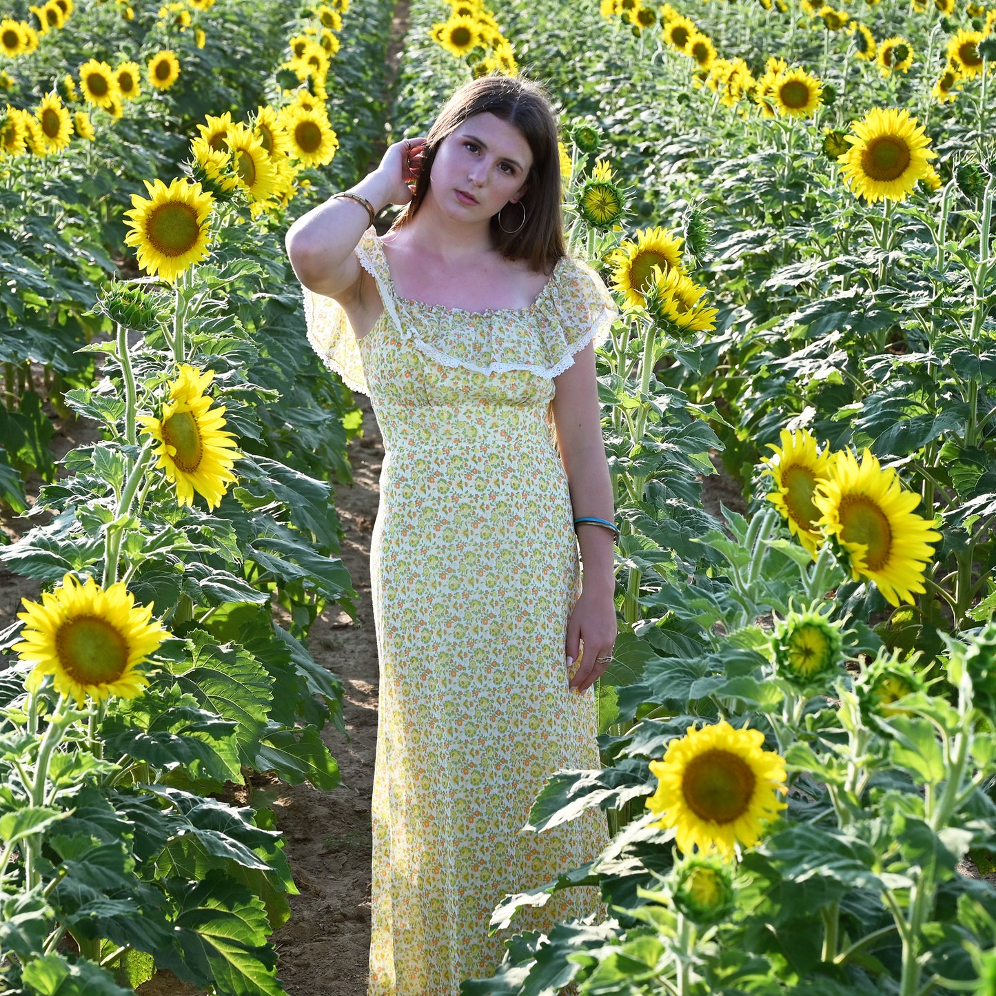 Vintage 60s Floral Hippie Ruffled Lace Empire Maxi Dress S