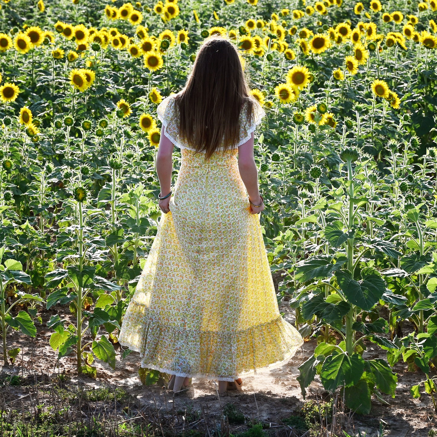 Vintage 60s Floral Hippie Ruffled Lace Empire Maxi Dress S