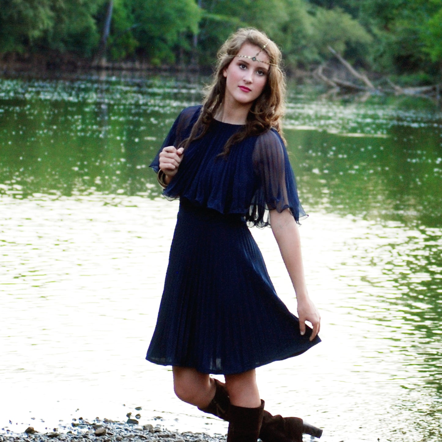 Vintage 70s Navy Shawl Accordion Pleat Mini Dress M
