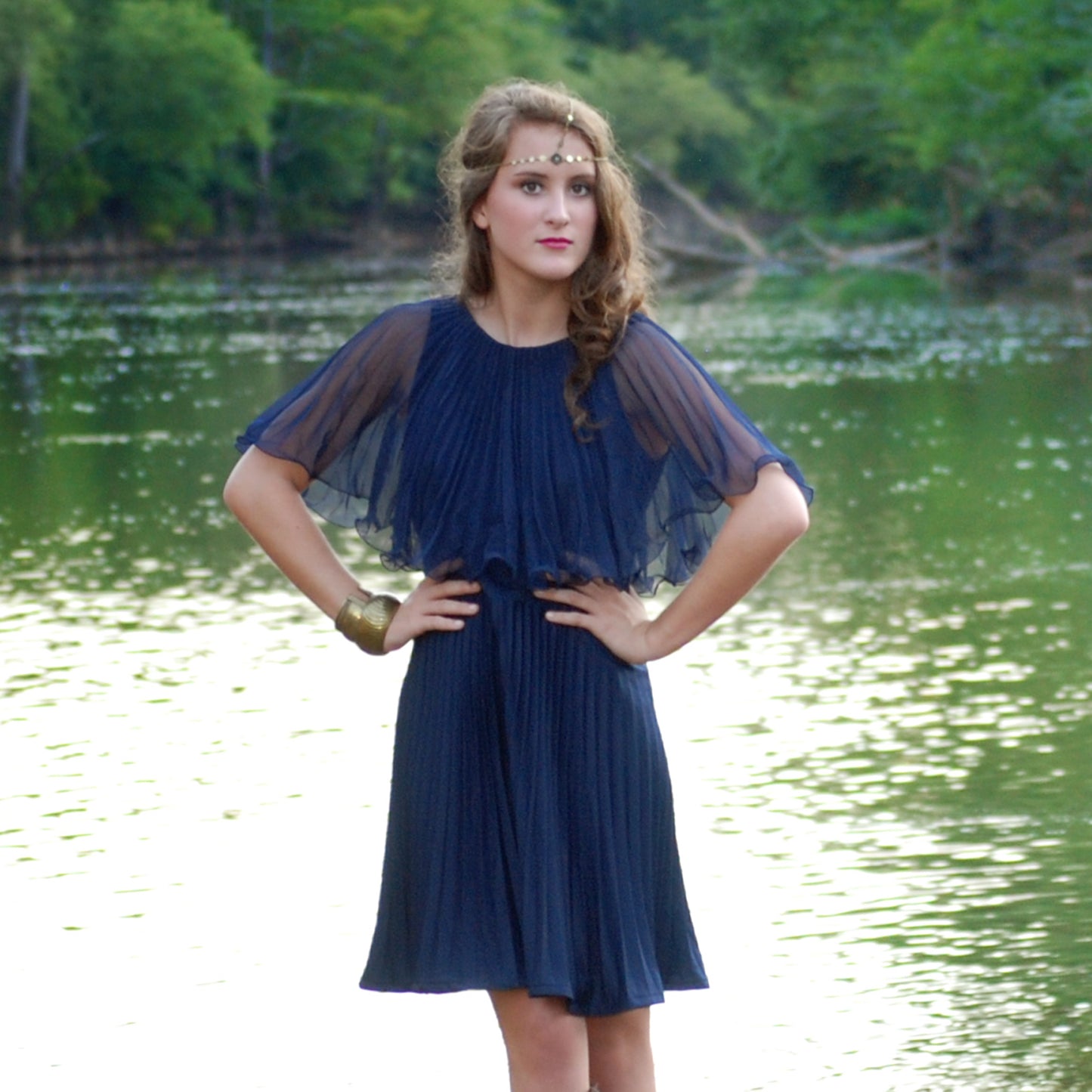 Vintage 70s Navy Shawl Accordion Pleat Mini Dress M