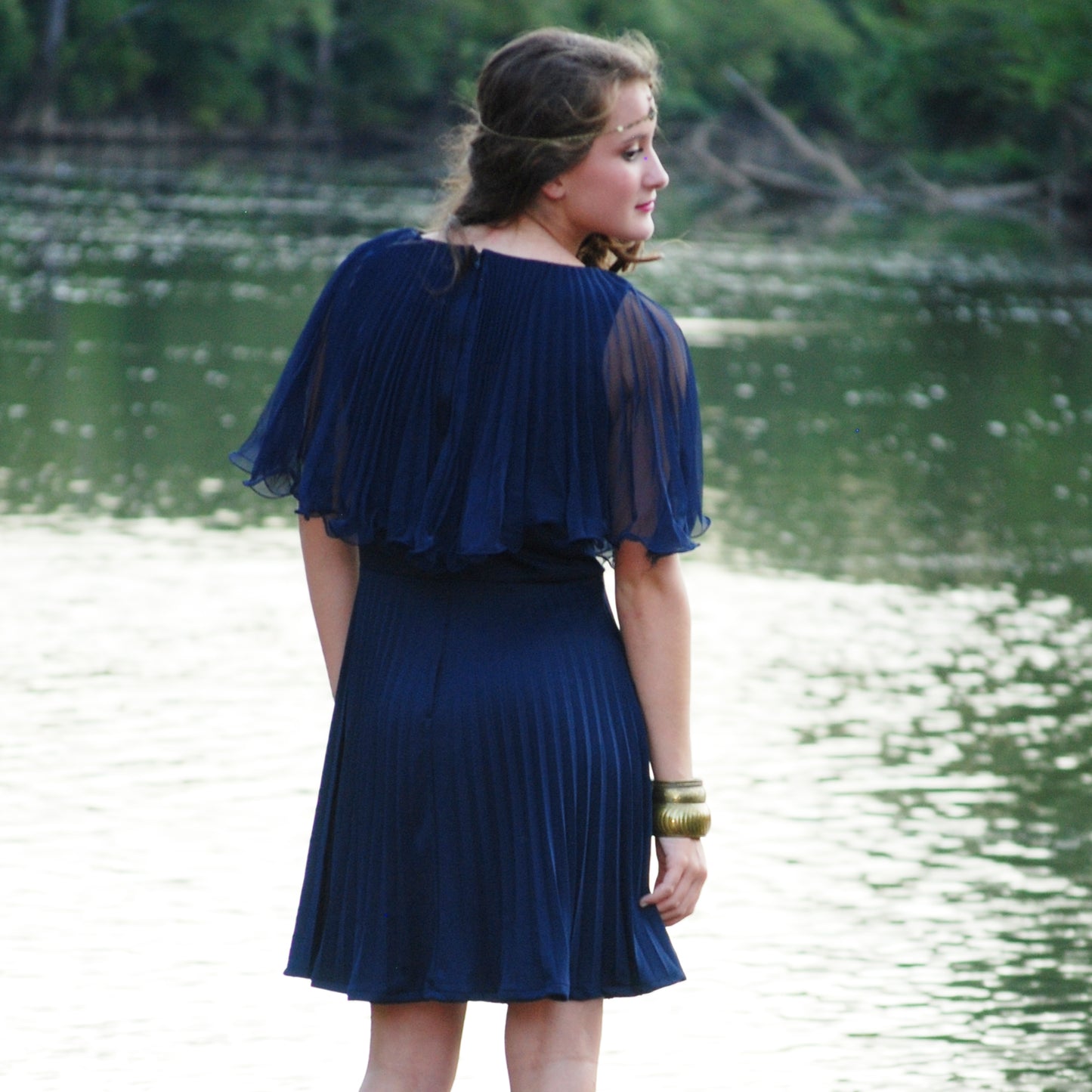 Vintage 70s Navy Shawl Accordion Pleat Mini Dress M