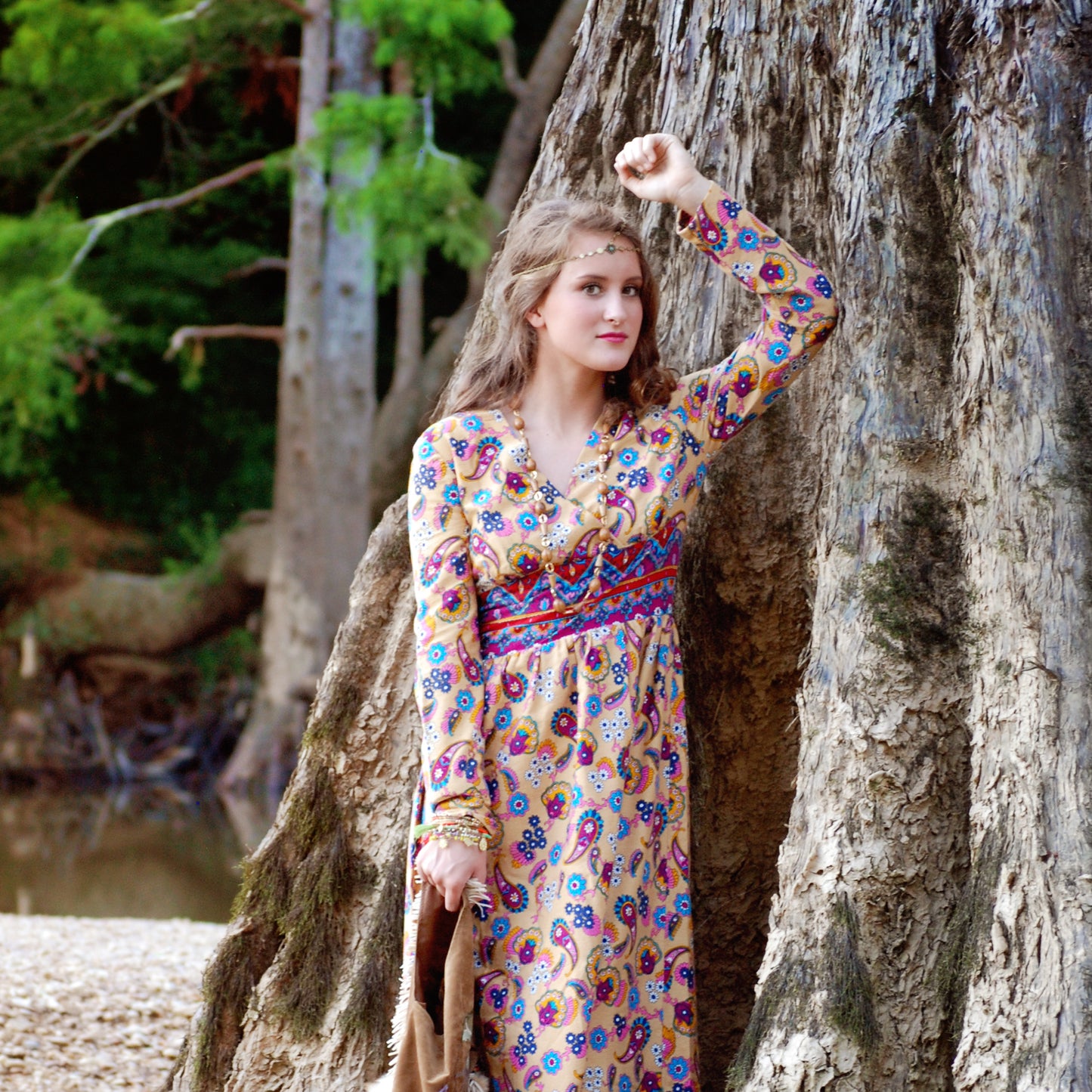 Vintage 60s Border Print Floral Hippie Empire Maxi Dress S