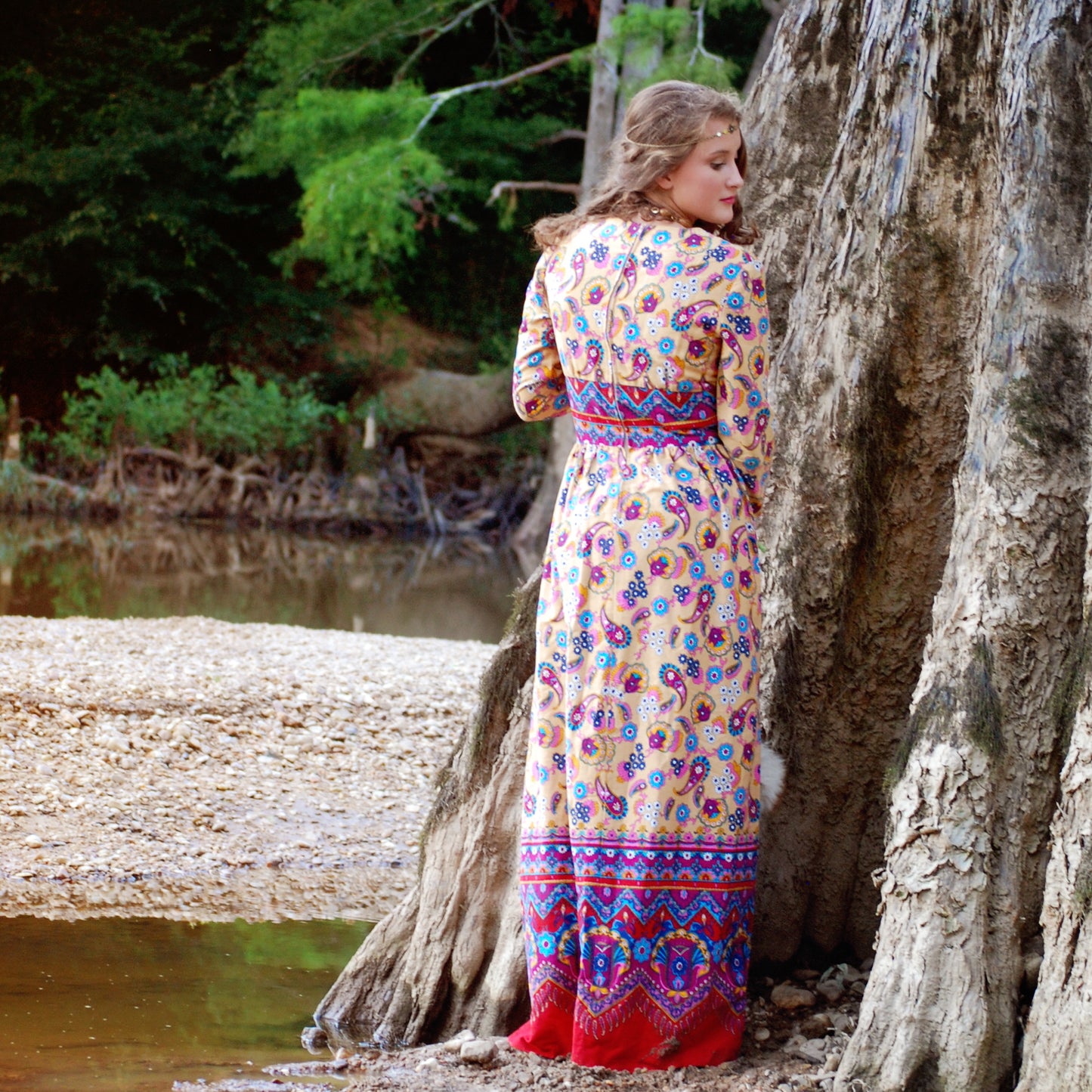 Vintage 60s Border Print Floral Hippie Empire Maxi Dress S