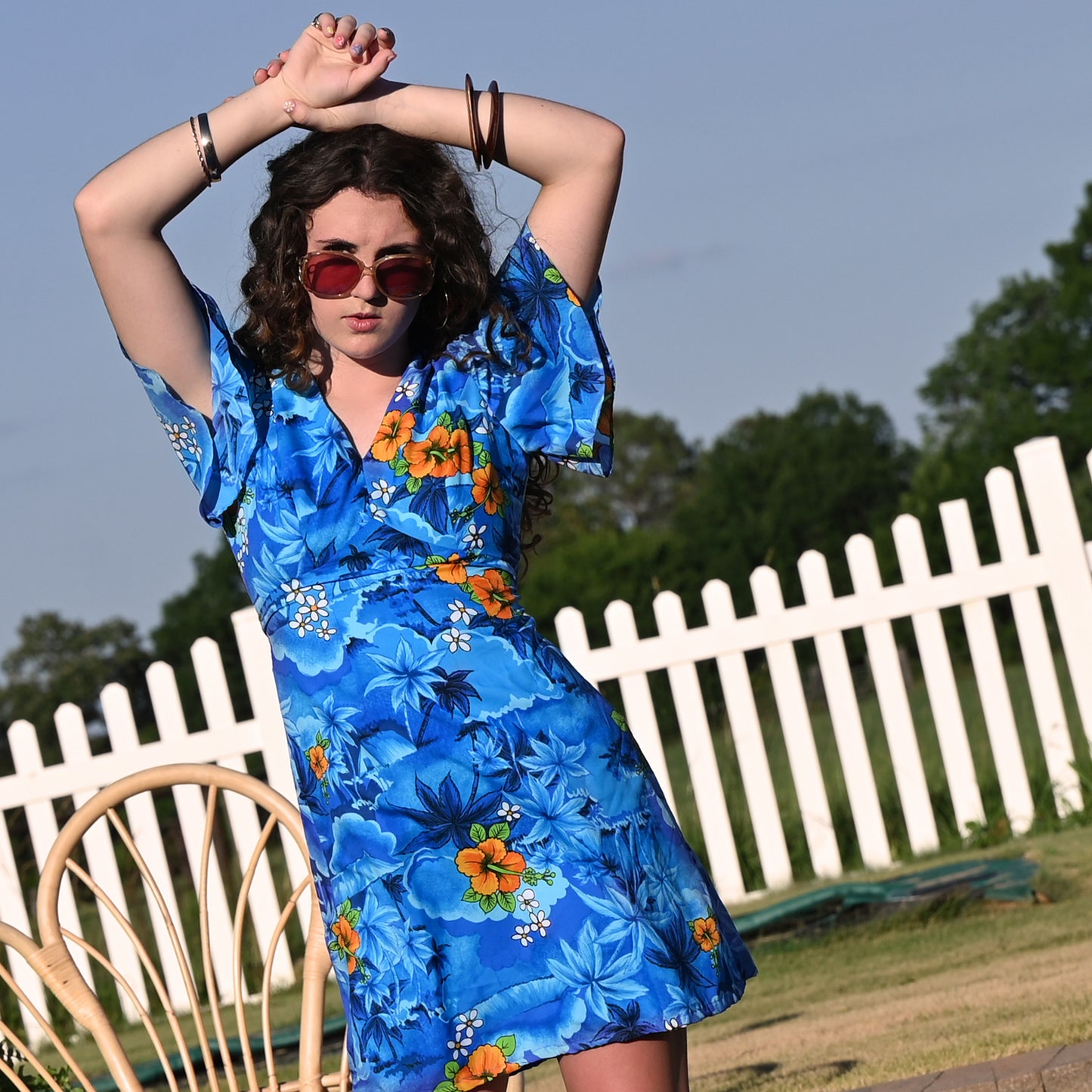 Vintage 70s Royal Hawaiian Flutter Sleeve Empire Mini Dress S