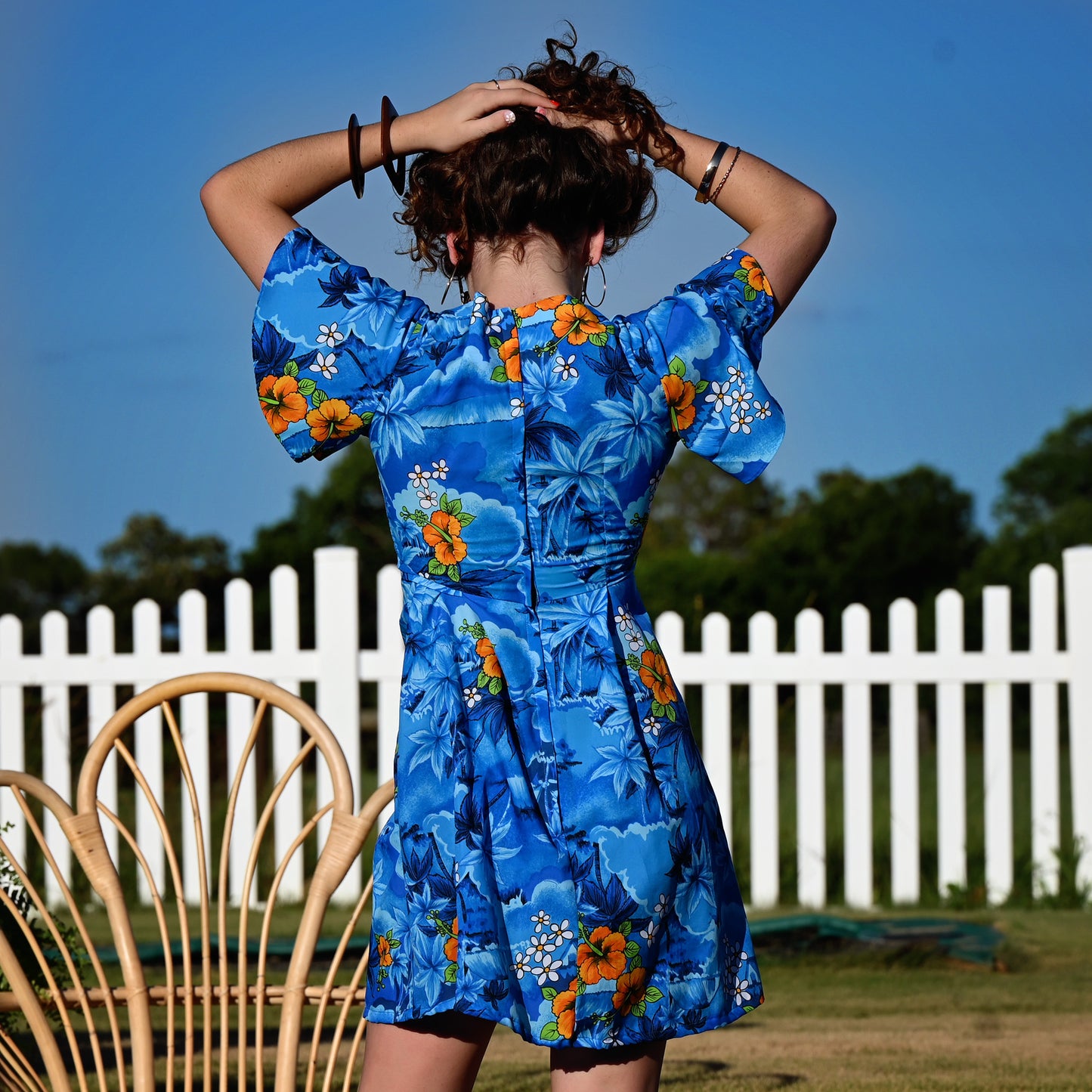 Vintage 70s Royal Hawaiian Flutter Sleeve Empire Mini Dress S