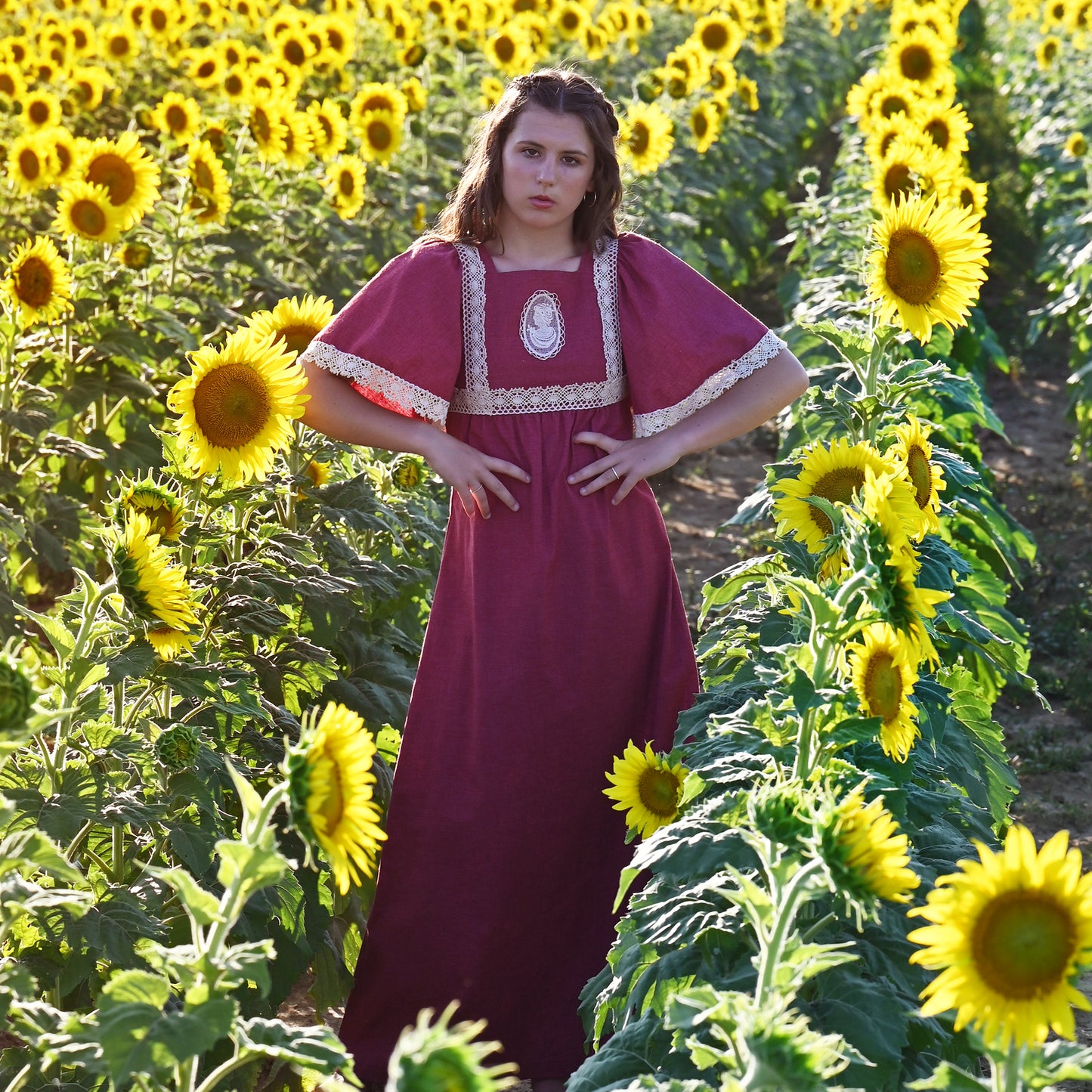 Vintage 70s Lace Silhouette Cameo Dolman Sleeve Hippie Maxi Dress M
