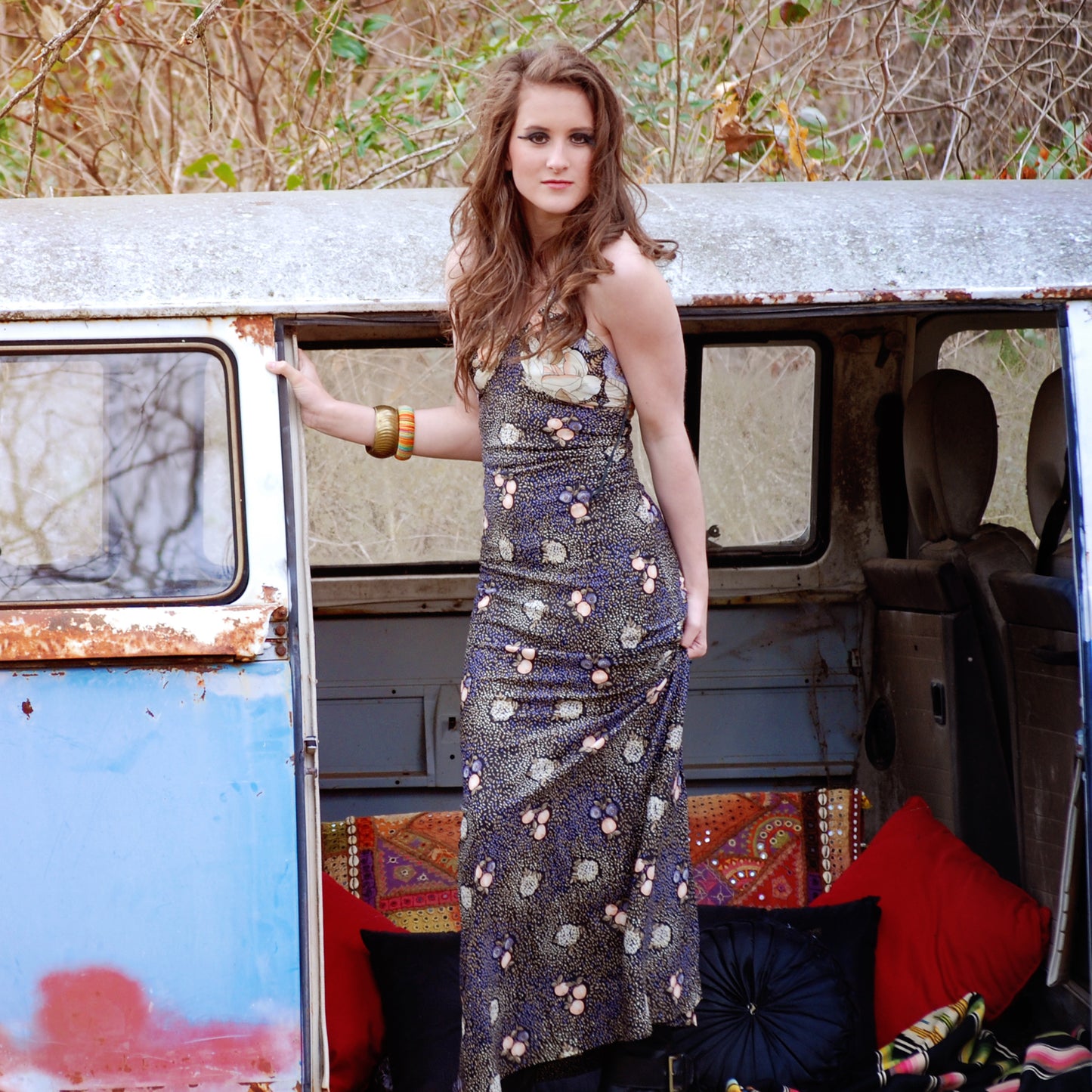 Vintage 70s Sweet Peaches Sexy Slinky Hippie Floral Halter Maxi Dress XS