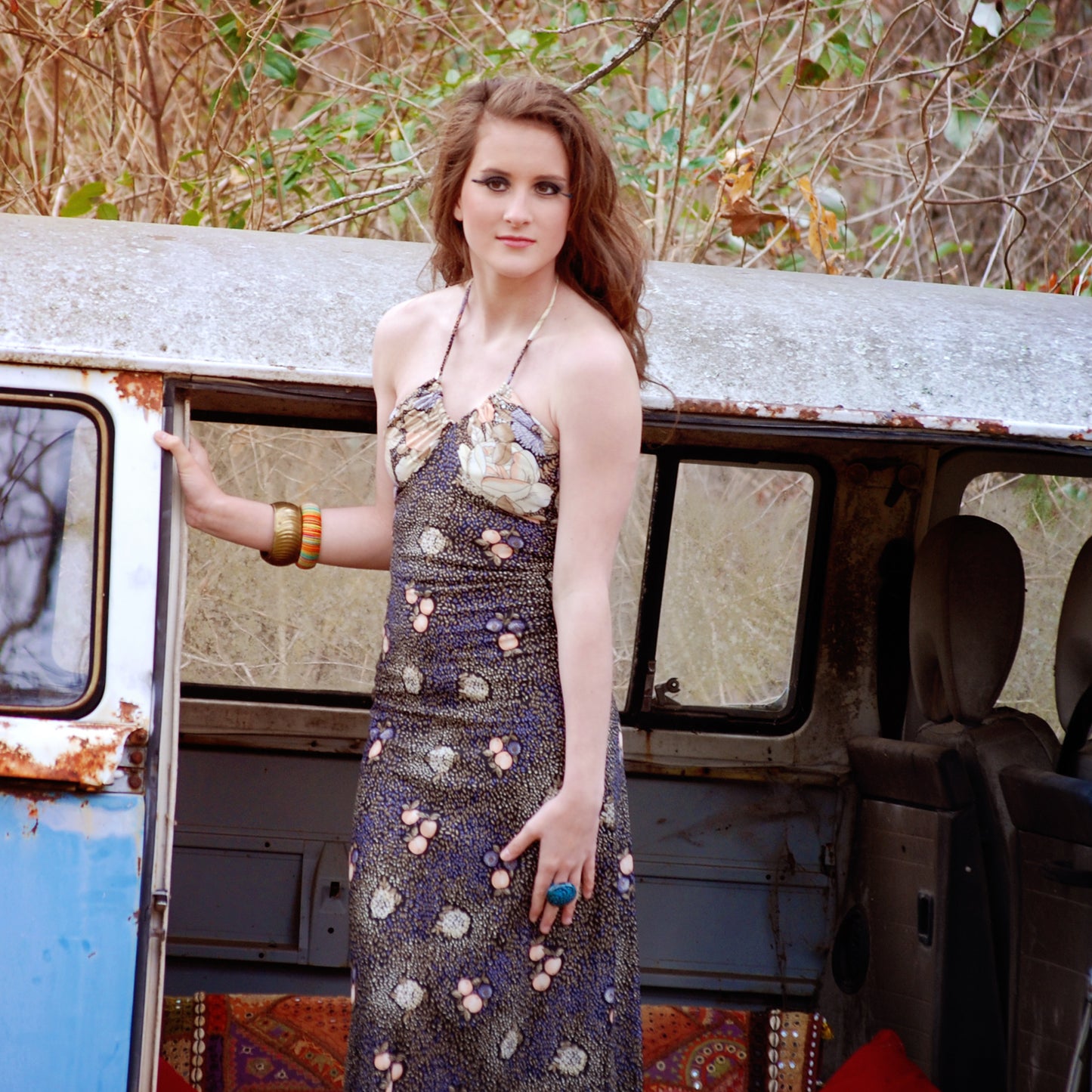 Vintage 70s Sweet Peaches Sexy Slinky Hippie Floral Halter Maxi Dress XS