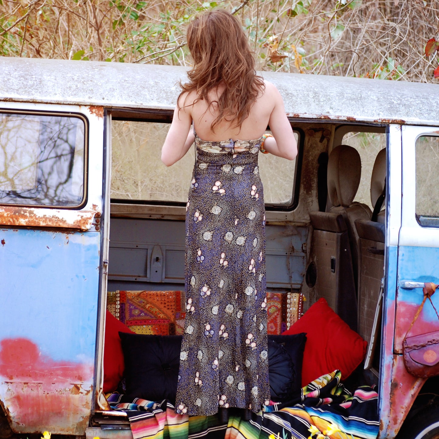 Vintage 70s Sweet Peaches Sexy Slinky Hippie Floral Halter Maxi Dress XS