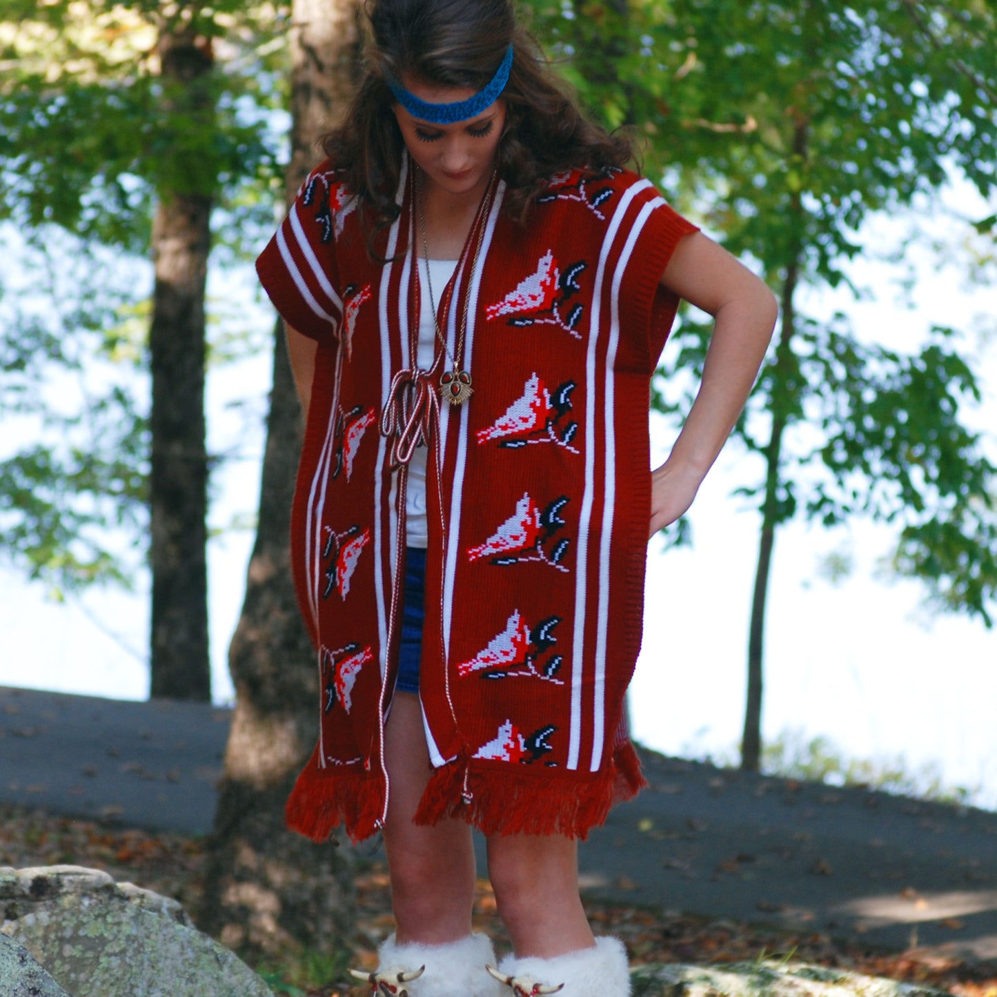 Vintage 70's Vest Woven Ethnic Bird Knit Fringe Poncho One Size