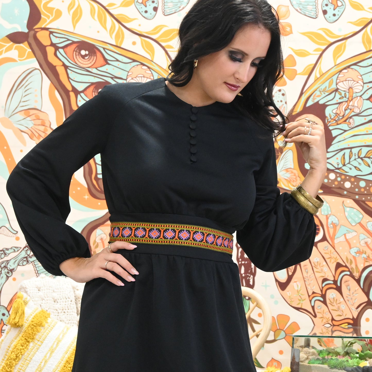 Vintage 70s Mod Beatnik Hippie Jacquard Puff Sleeve Mini Dress M