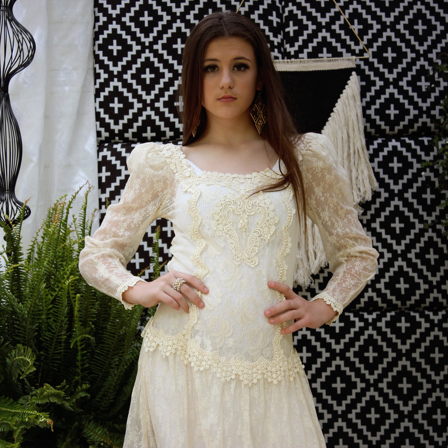 Vintage 80s Victorian Lace Sheer Drop Waist Mini Dress S