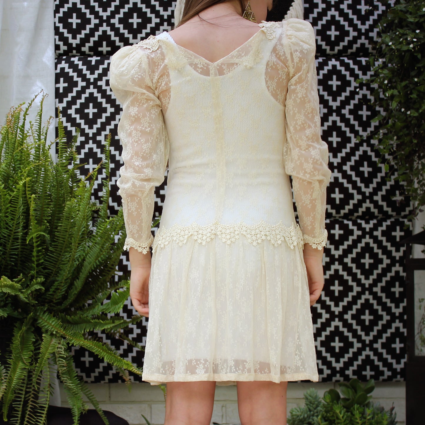 Vintage 80s Victorian Lace Sheer Drop Waist Mini Dress S