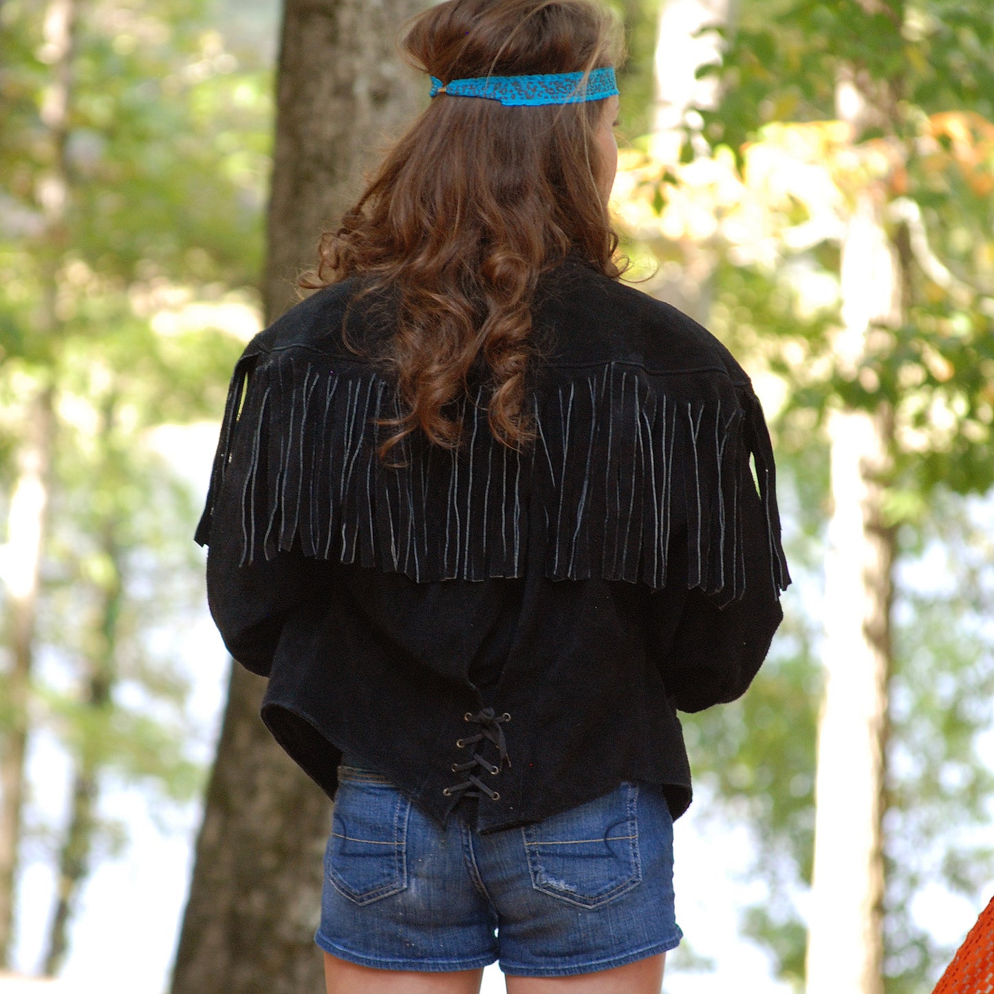 Vintage 80s Black Fringe Suede Leather Corset Jacket Coat M