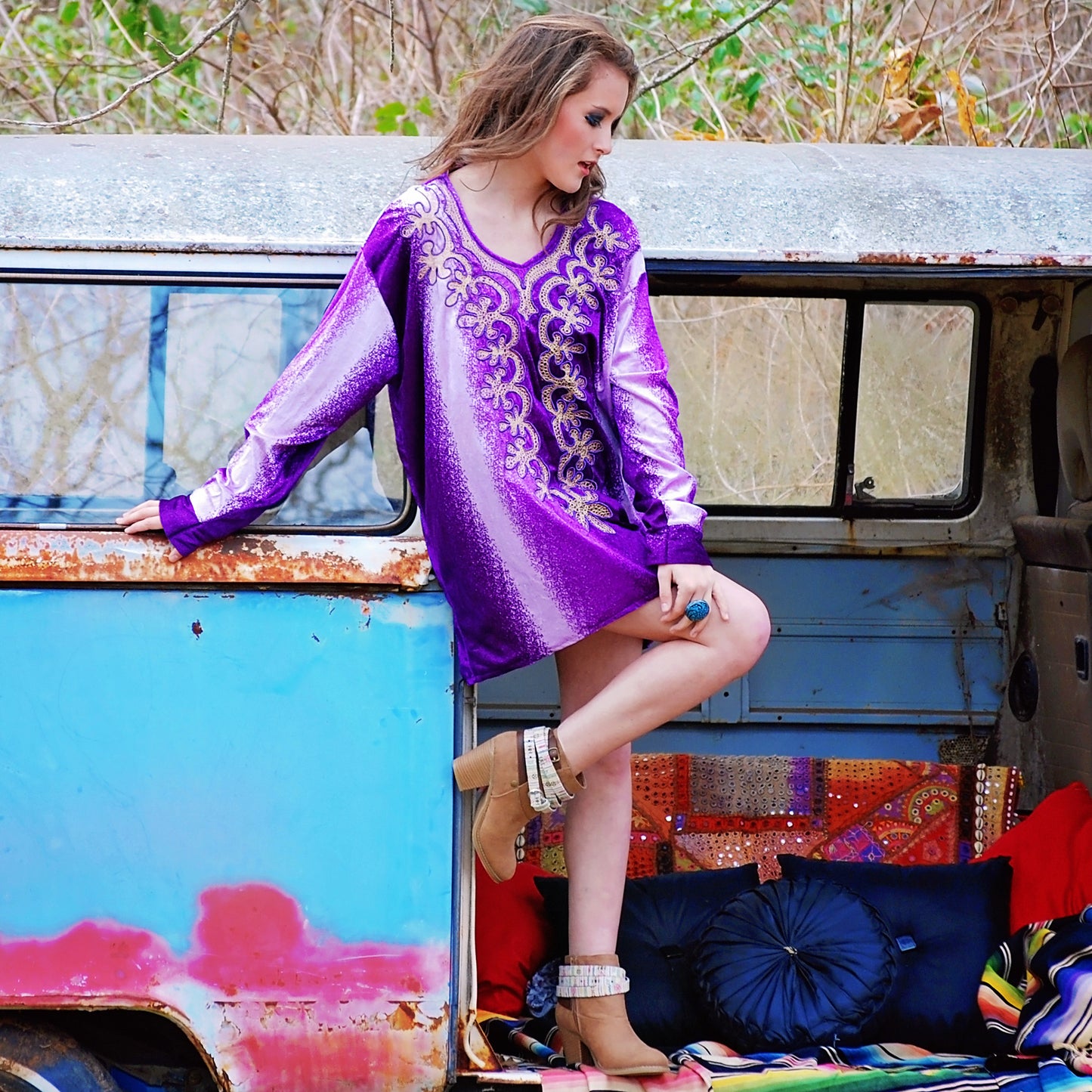 Vintage 70s Oversized Purple Velour Embroidered Caftan Mini Dress XXL