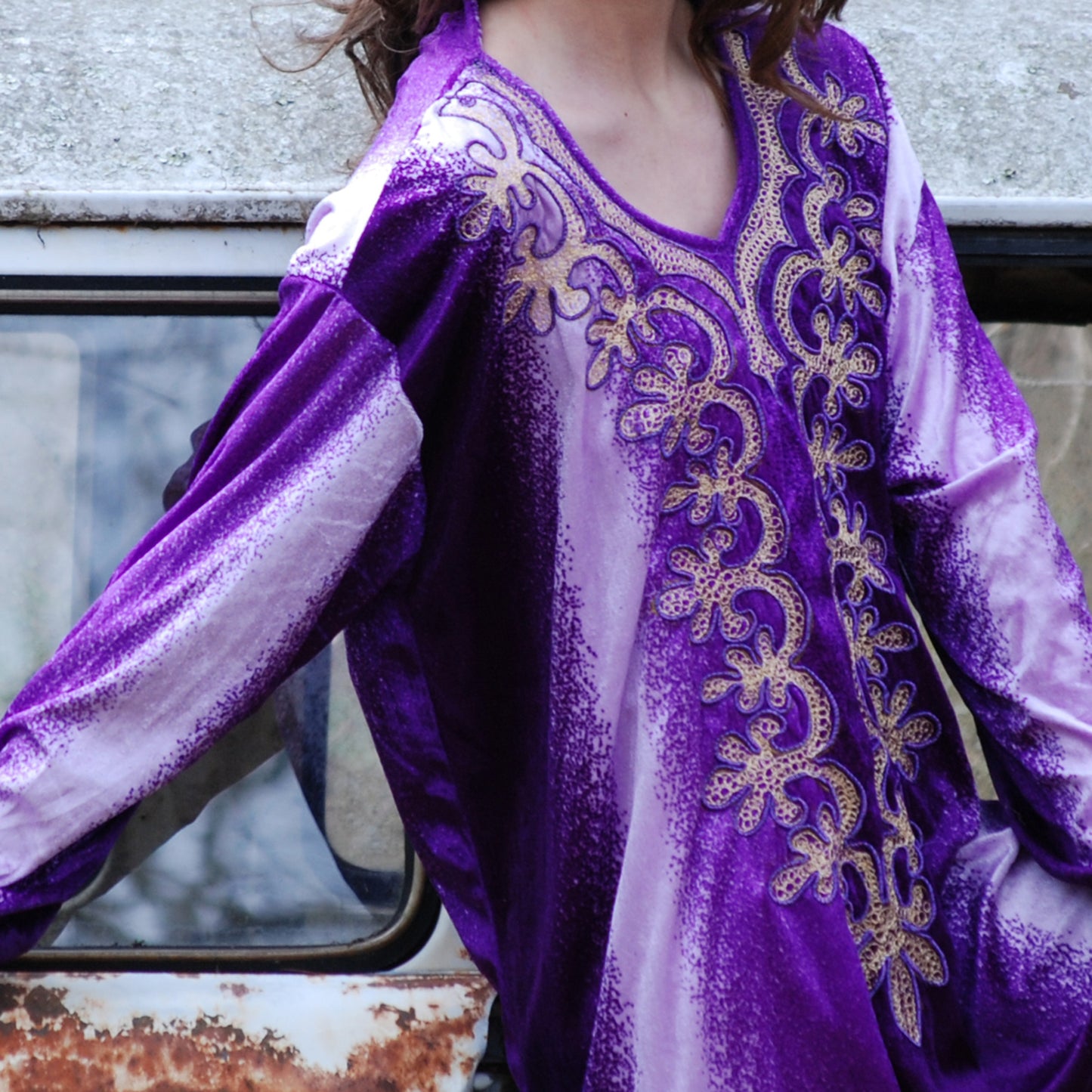 Vintage 70s Oversized Purple Velour Embroidered Caftan Mini Dress XXL
