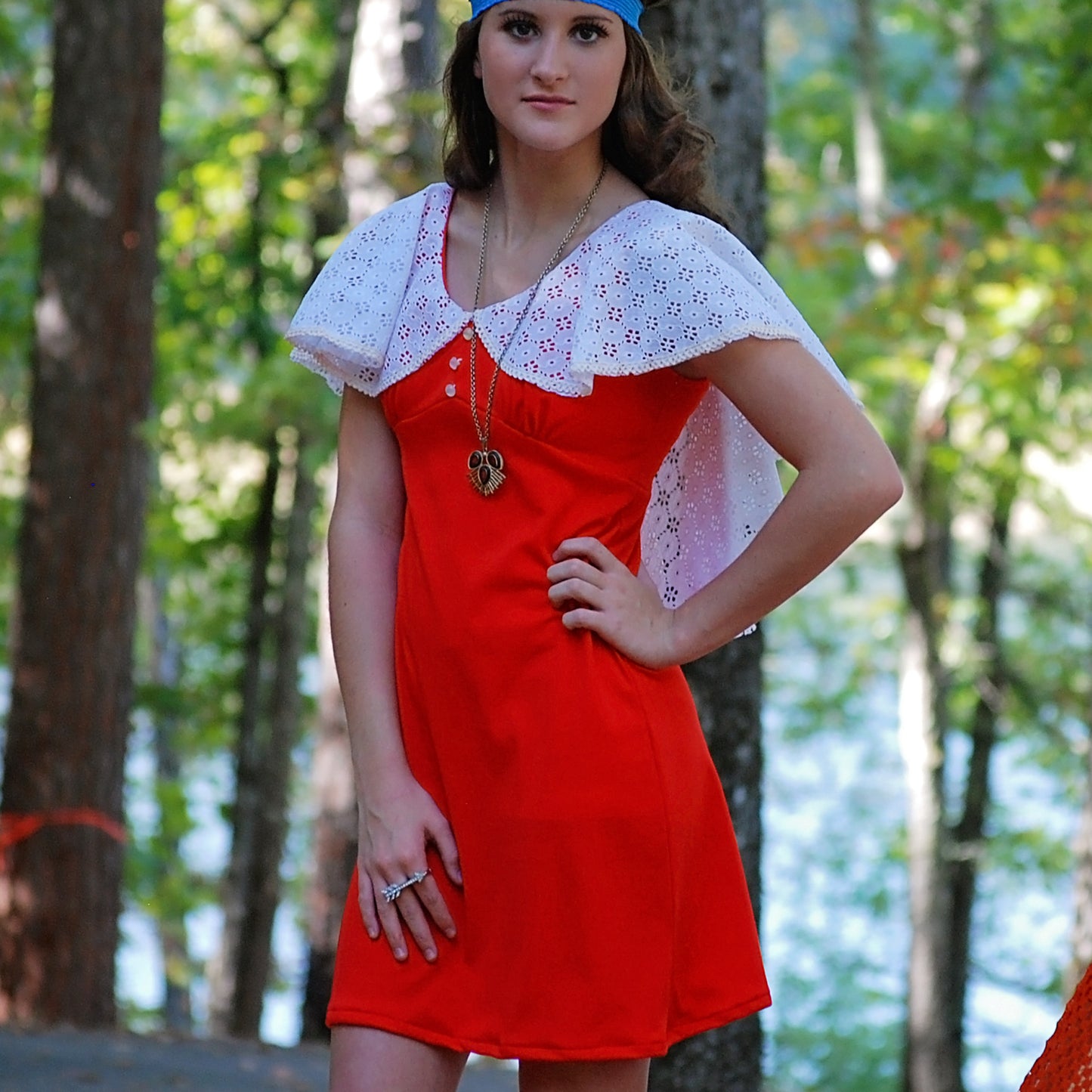 Vintage 60s 70s Red Asymmetrical Shawl Cape Lace Empire Mini Dress S/M