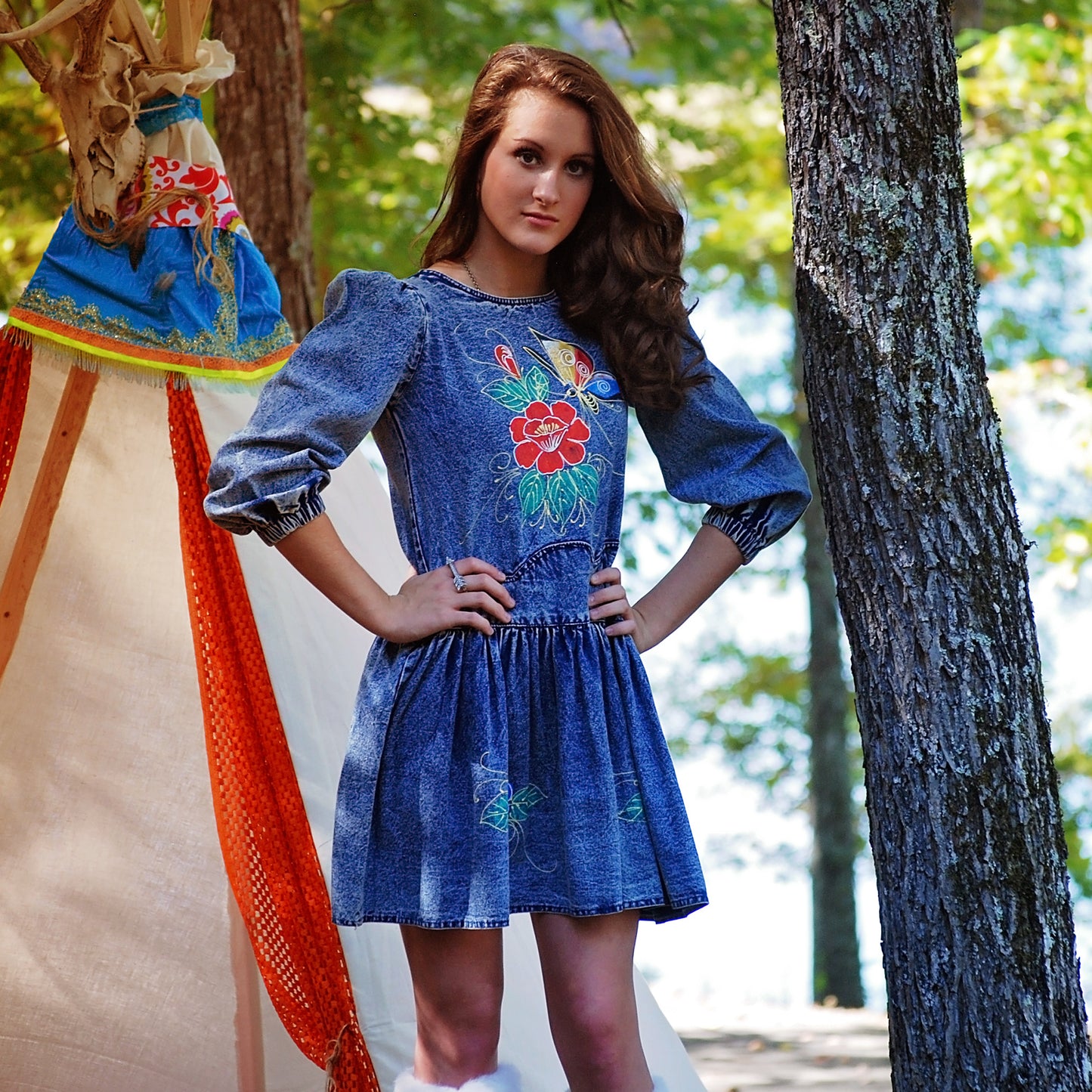 Vintage 80s Denim Puff Sleeve Hand Painted Butterfly Mini Dress XS