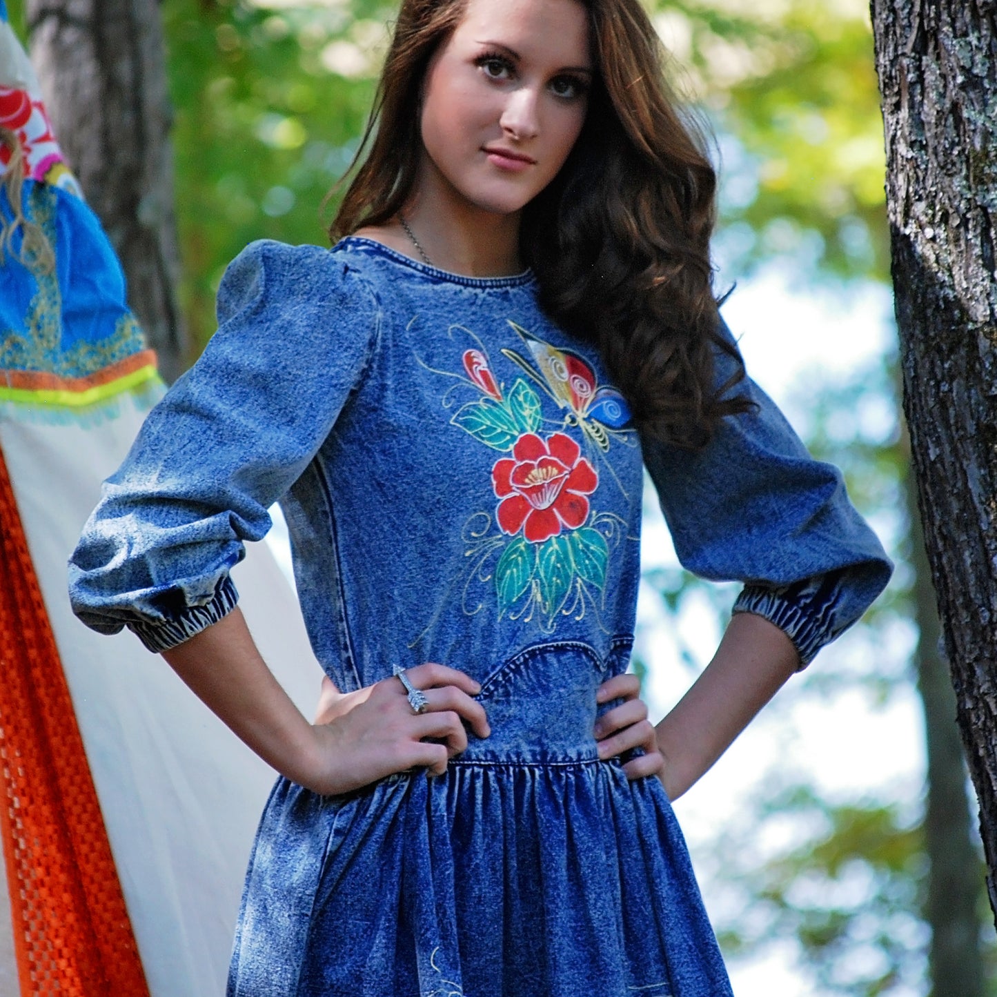 Vintage 80s Denim Puff Sleeve Hand Painted Butterfly Mini Dress XS