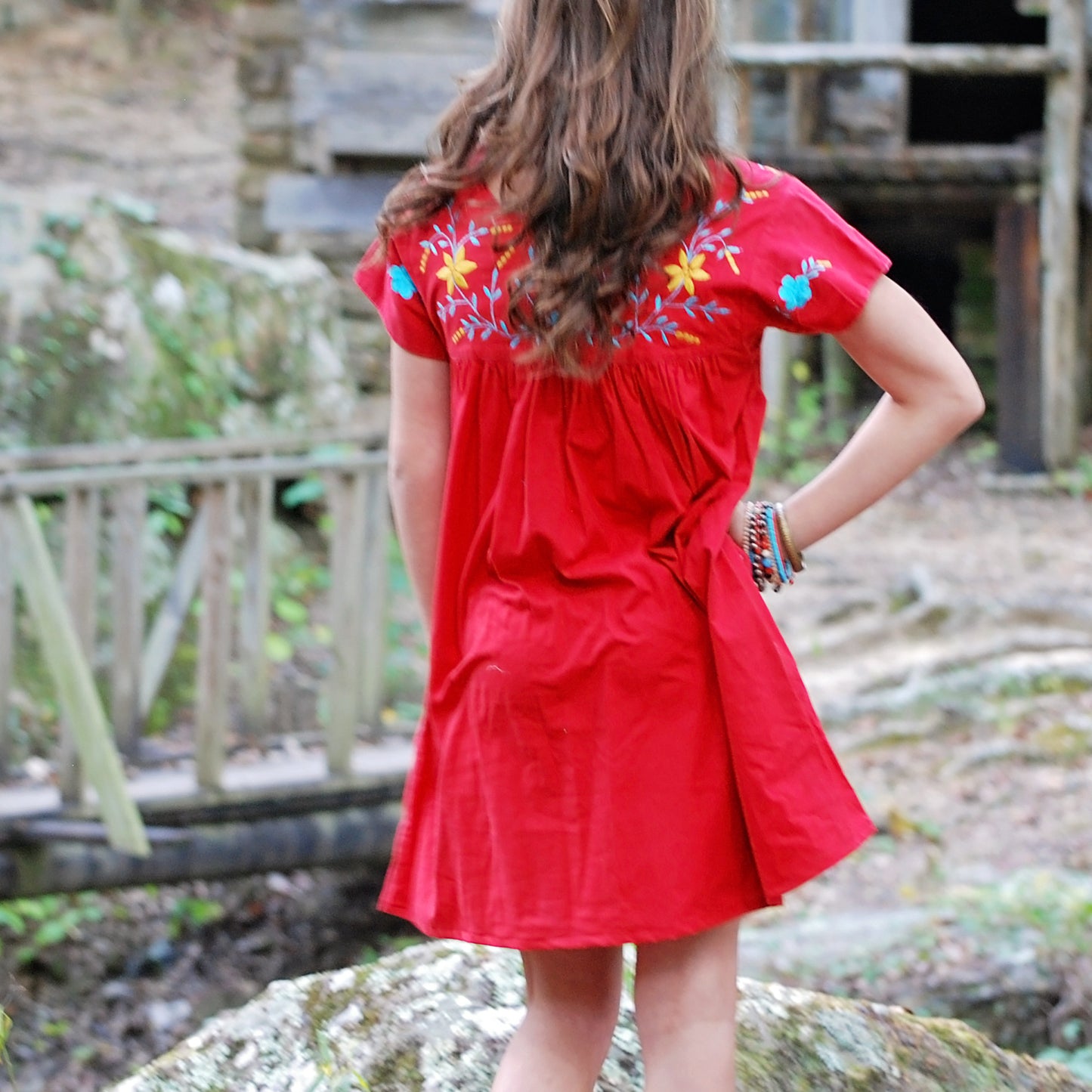 Vintage 80s Red Embroidered  Floral Yoke Mini Dress M
