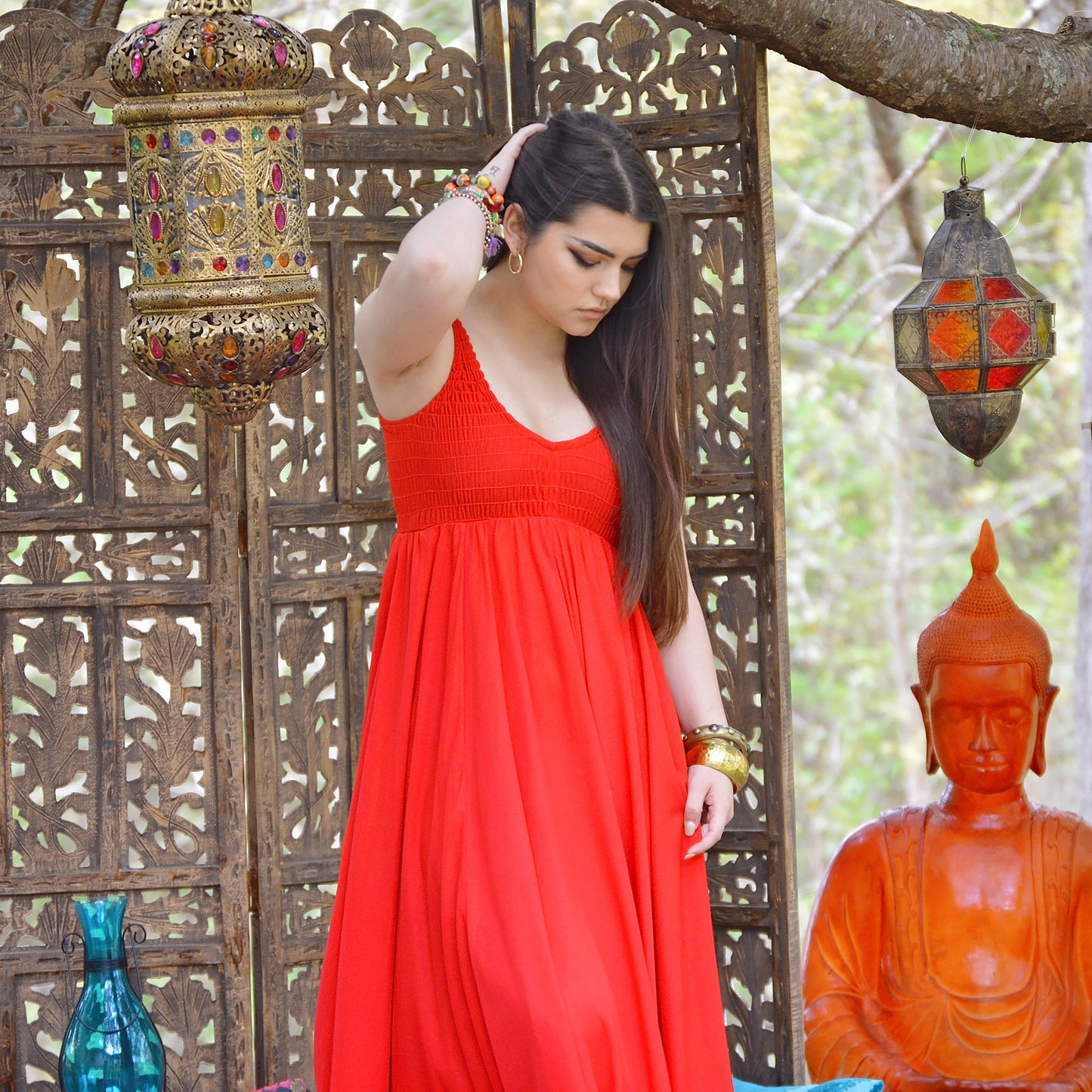 Vintage 70s Fabulous Climax Red Smocked Full Sweep Maxi Dress S