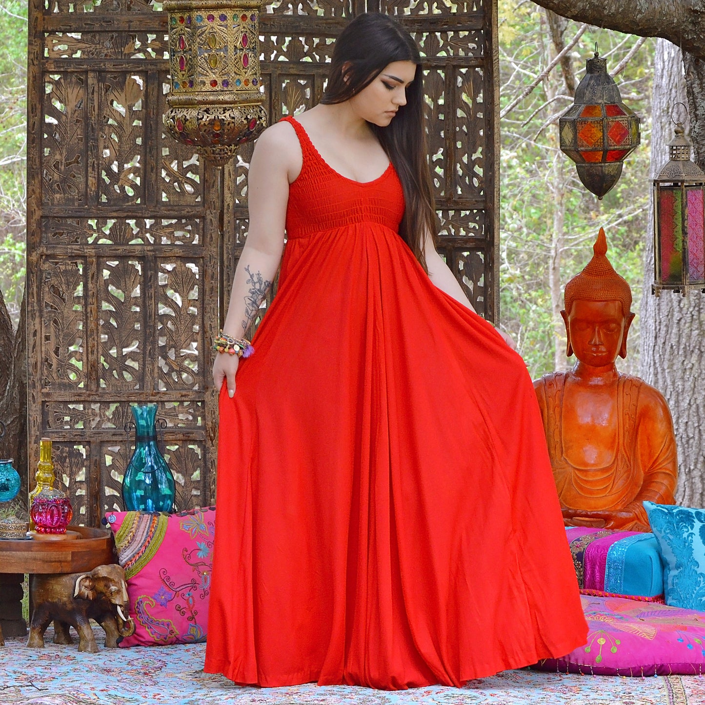 Vintage 70s Fabulous Climax Red Smocked Full Sweep Maxi Dress S