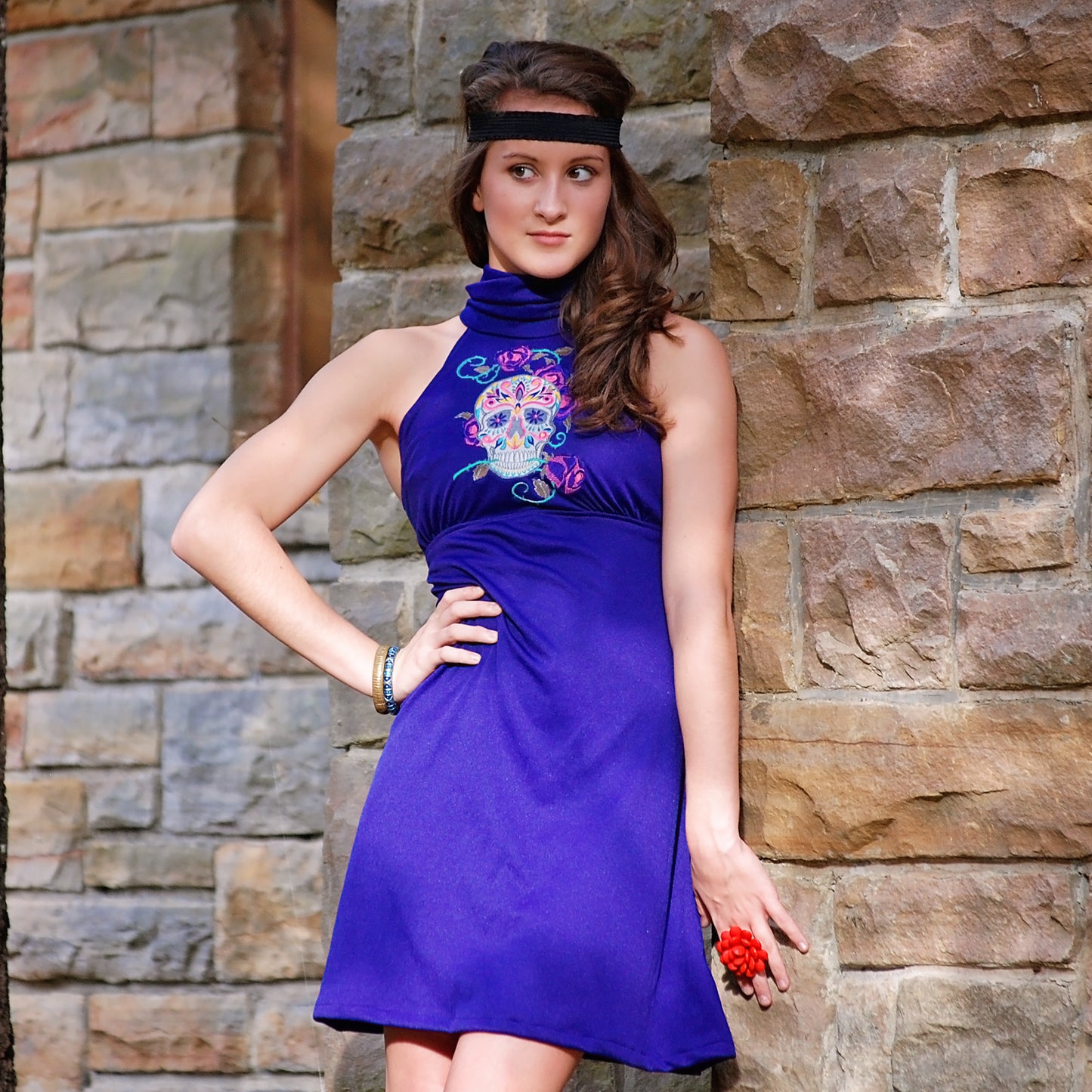 Vintage 70s Purple Dio Dos La Muertos Sugar Skull Mini Dress XS/S