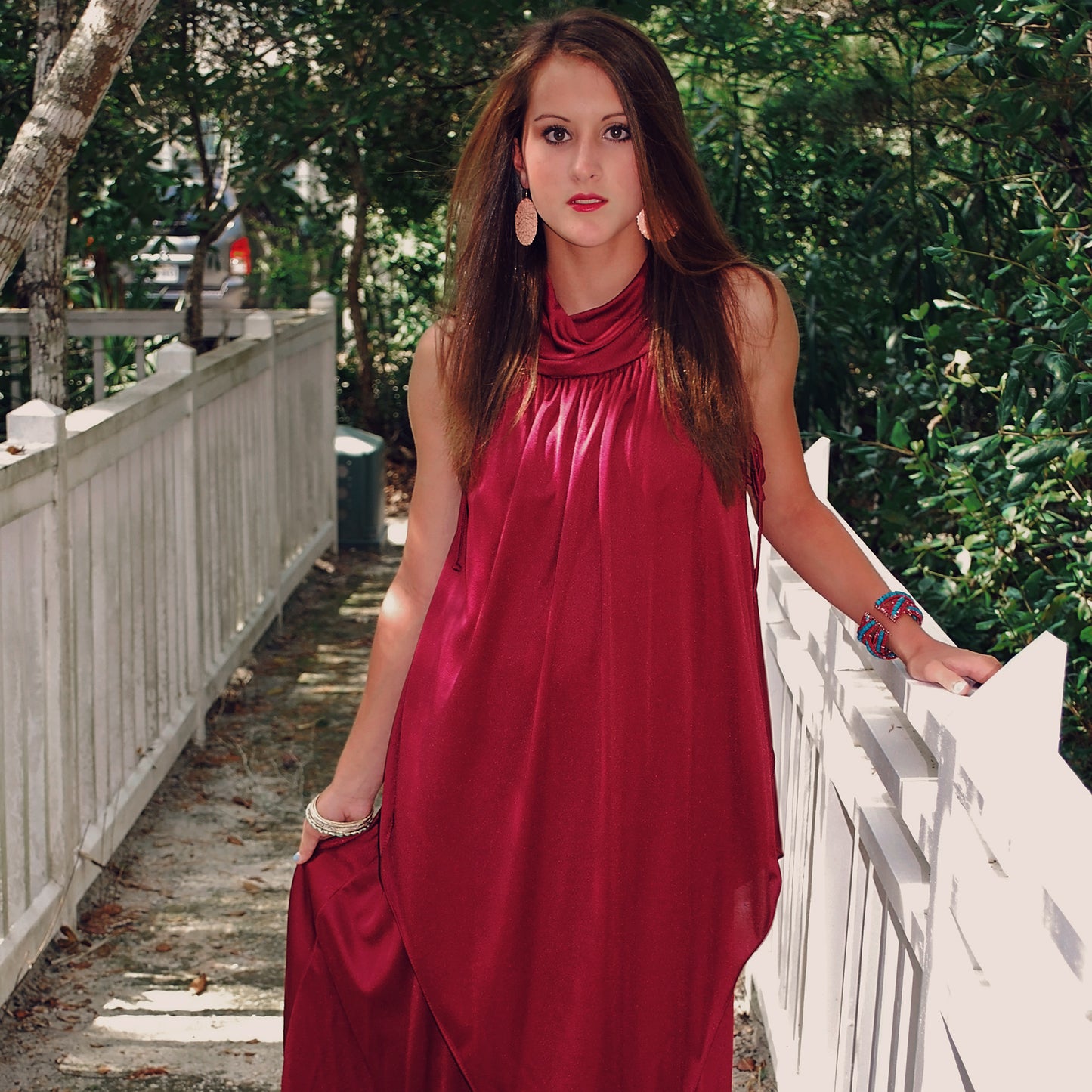 Vintage 70s Wine Slinky Disco Hanky Hem Empire Maxi Dress M/L