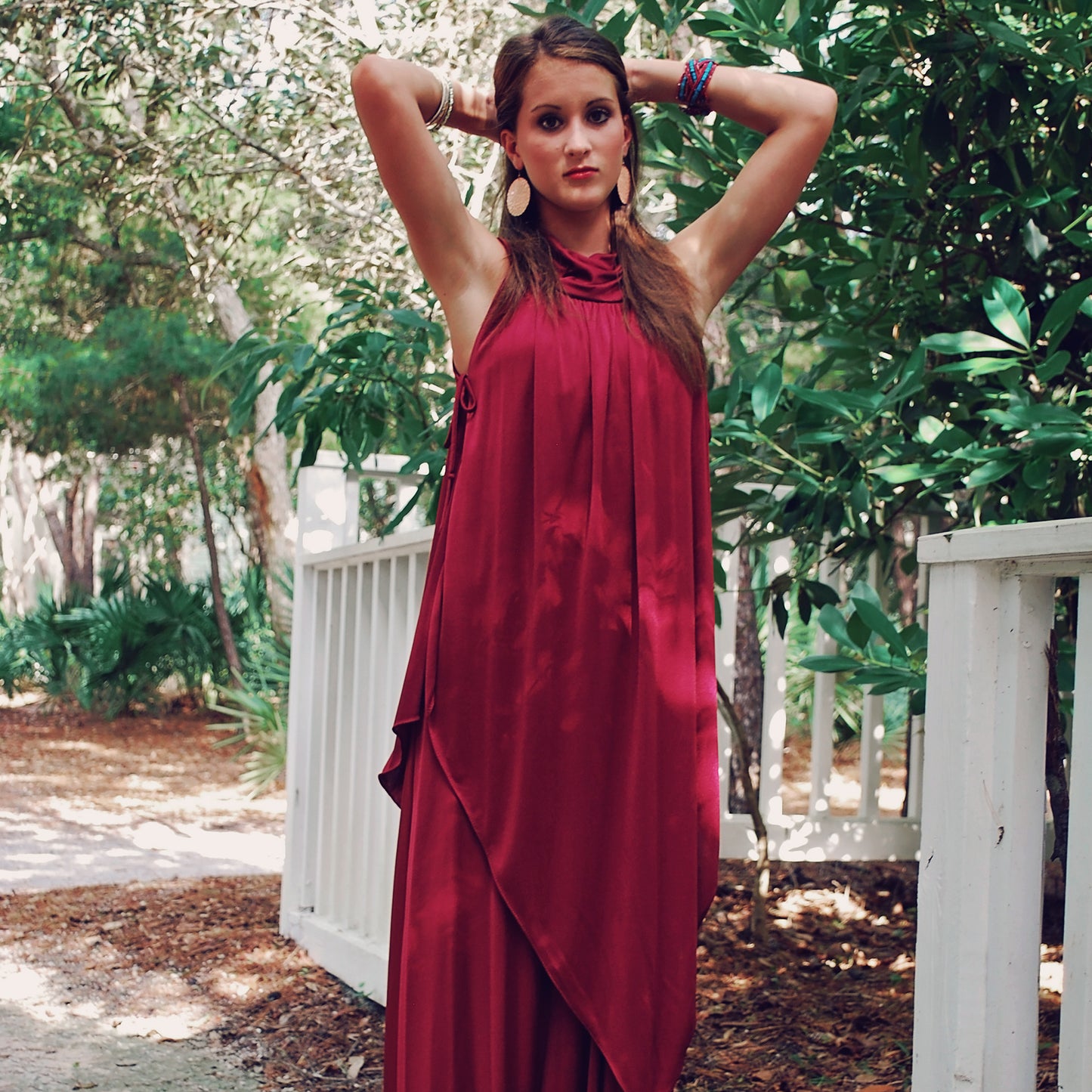 Vintage 70s Wine Slinky Disco Hanky Hem Empire Maxi Dress M/L