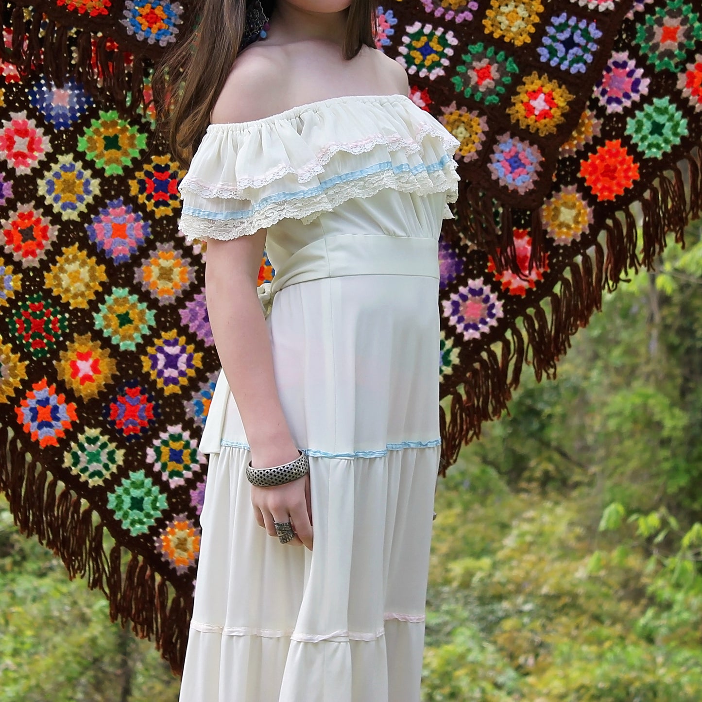 Vintage 70s Cottage Core Tiered Ruffle Empire Maxi Dress M