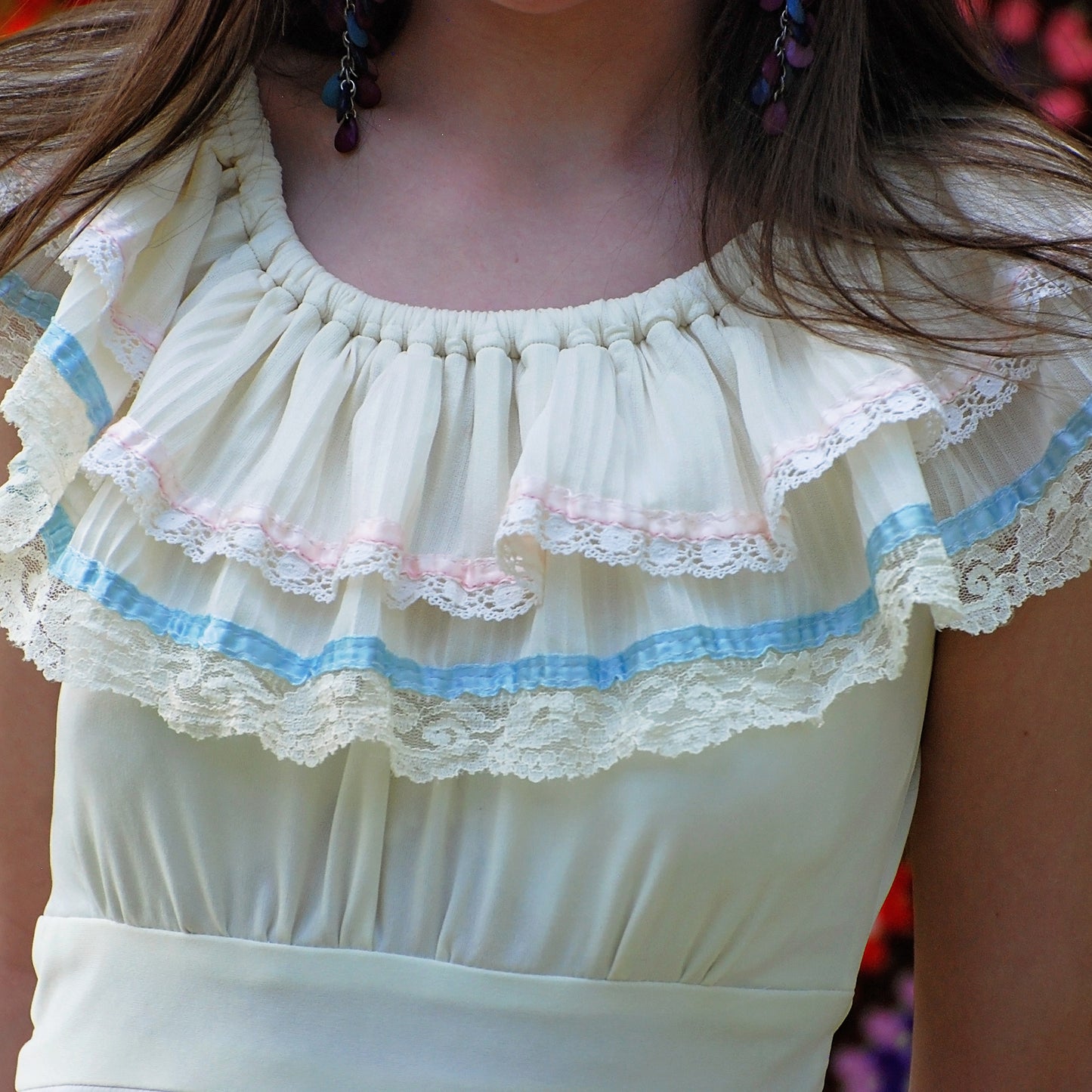 Vintage 70s Cottage Core Tiered Ruffle Empire Maxi Dress M