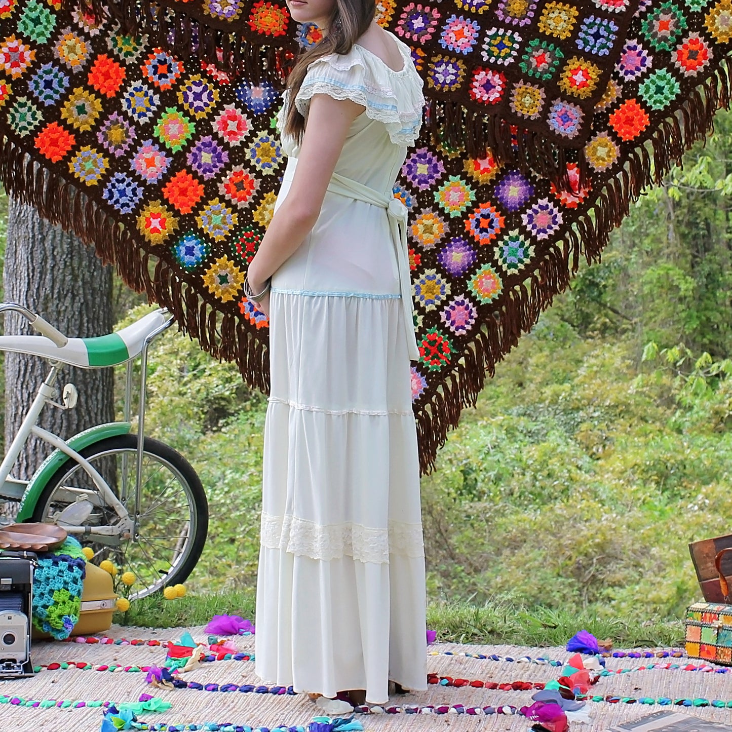 Vintage 70s Cottage Core Tiered Ruffle Empire Maxi Dress M