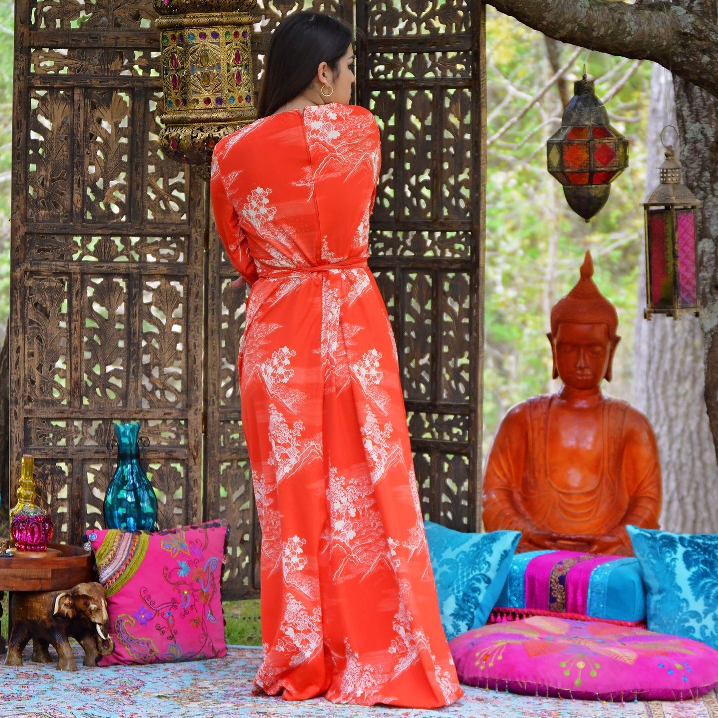 Vintage 70s Asian Print Obi Belt Maxi Dress L
