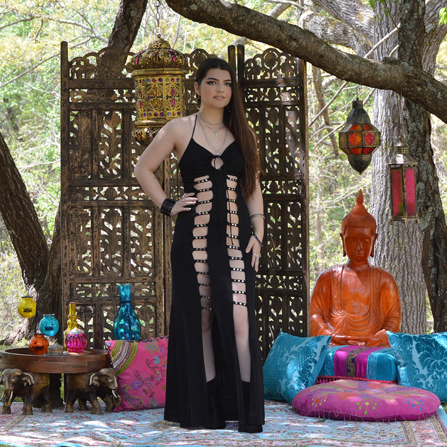 70's Funky Black Cut Out Black Sexy Halter Maxi Dress XS