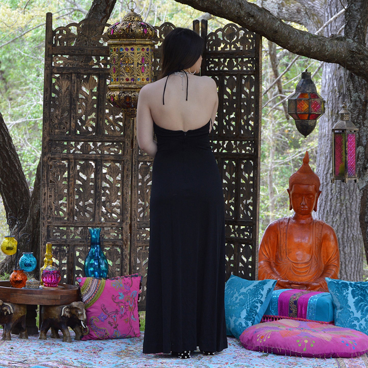70's Funky Black Cut Out Black Sexy Halter Maxi Dress XS